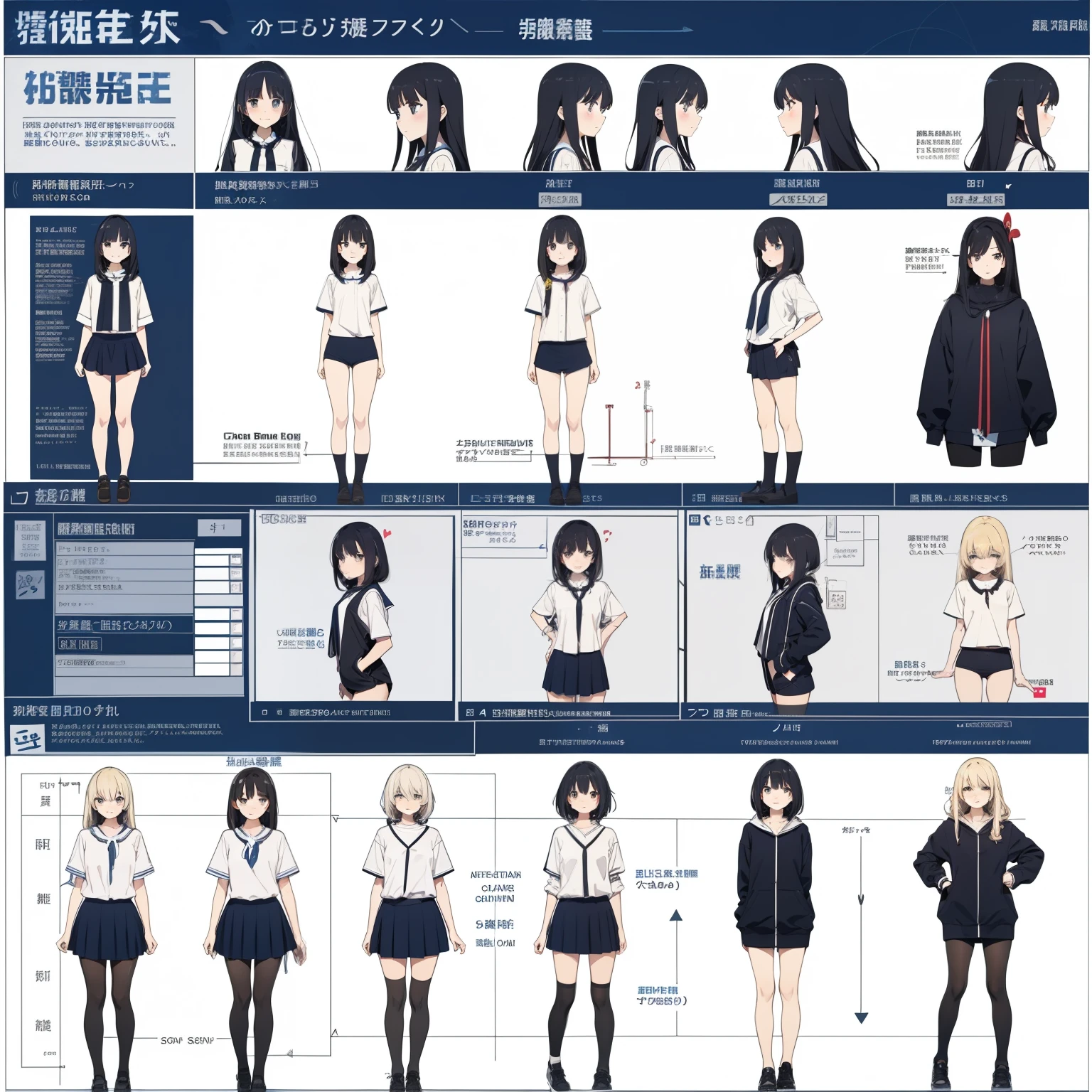Character blueprint、Character blueprint、full body Esbian、frontage/Lateral face/on  back、hight resolution、1girl in、undergarment、7 colors of lingerie、student clothes、Cute anime illustration、Prismailiya