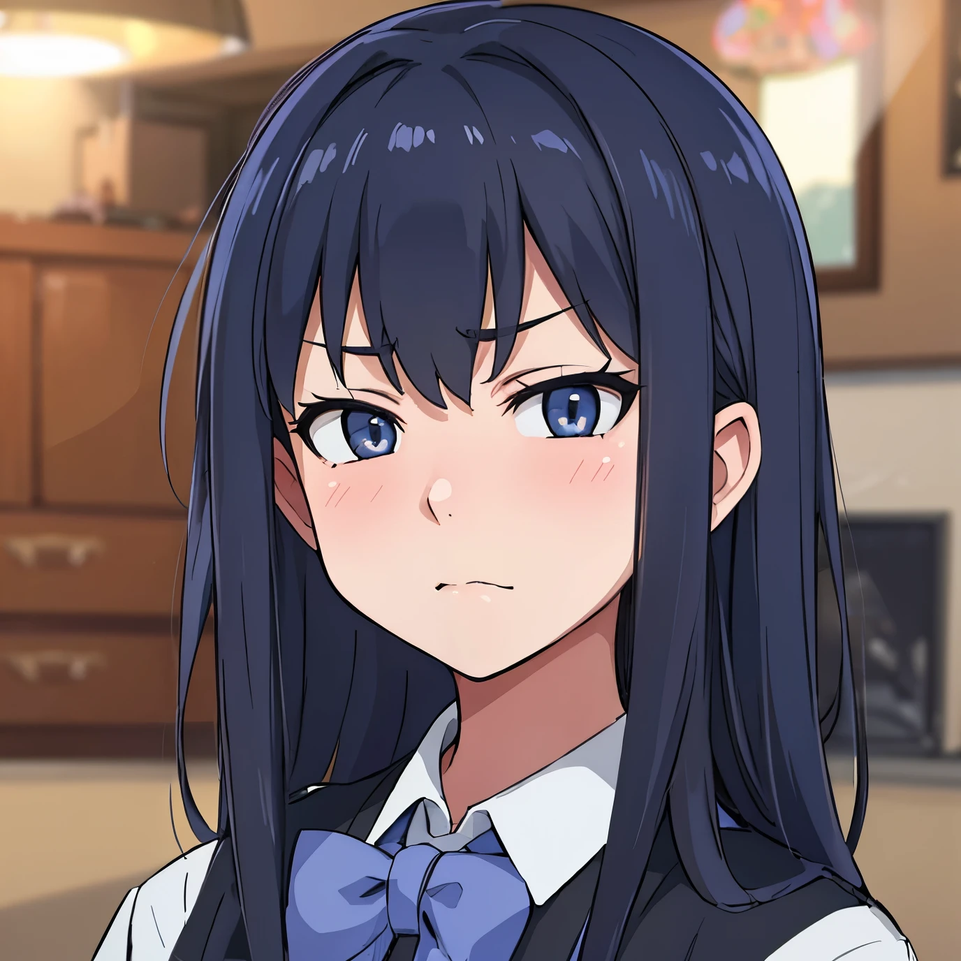 hiquality, tmasterpiece. the anime. (one girls) aristocrat. dark colored hair. gray eyes. Sullen face. Black Collet. white shirt. bow. Against the background of a luxurious room.