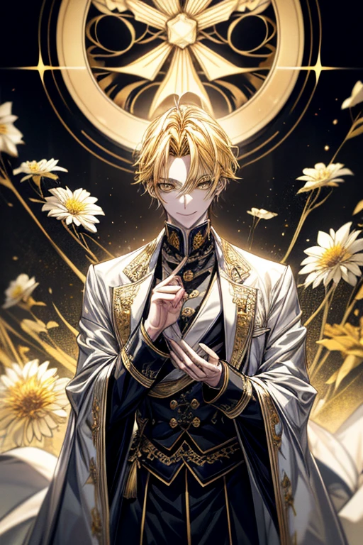 ((​masterpiece:1.2、top-quality))、1male people、Short straight hair、((dark yellow hair))、Yellow eyes(a handsome:1.4)、long eyelashes、white suit、Fantasia、校服、royalty、flower garden、blooming flowers、sunlights、Fantastic Light and Shadow、Scenery of the Royal Palace、extra detailed face、Invincible smile、Depiction in motion、Tホテルの​masterpiece，best qualtiy，1 male，As-、Dark yellow hair straight and short，The shirt, seminude、アニメa handsomeな男,Wearing strict royal attire, white and gold royal costume, a handsomeなアニメのポーズ, a handsomeな見事なリアルな,Eyes are yellow、Center division、Forehead、A sexy、gorgeous、Beautiful、