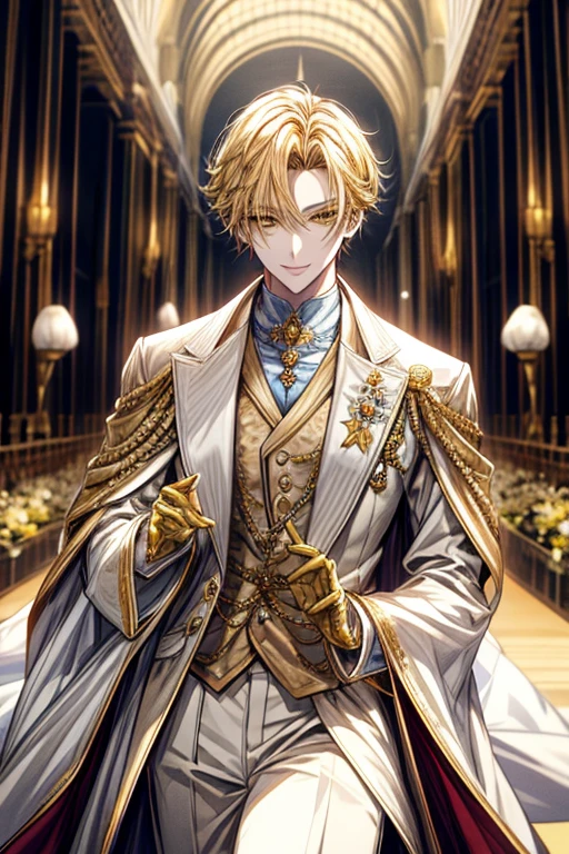 ((masterpiece:1.2、top-quality))、1male people、Short straight hair、((dark yellow hair))、Yellow eyes(a handsome:1.4)、long eyelashes、white suit、Fantasia、校服、royalty、flower garden、blooming flowers、sunlights、Fantastic Light and Shadow、Scenery of the Royal Palace、extra detailed face、Invincible smile、Depiction in motion、Tホテルのmasterpiece,best qualtiy,1 male,As-、Dark yellow hair straight and short,The shirt, seminude、アニメa handsomeな男,Wearing strict royal attire, white and gold royal costume, a handsomeなアニメのポーズ, a handsomeな見事なリアルな,Eyes are yellow、Center division、Forehead、A sexy、gorgeous、Beautiful、