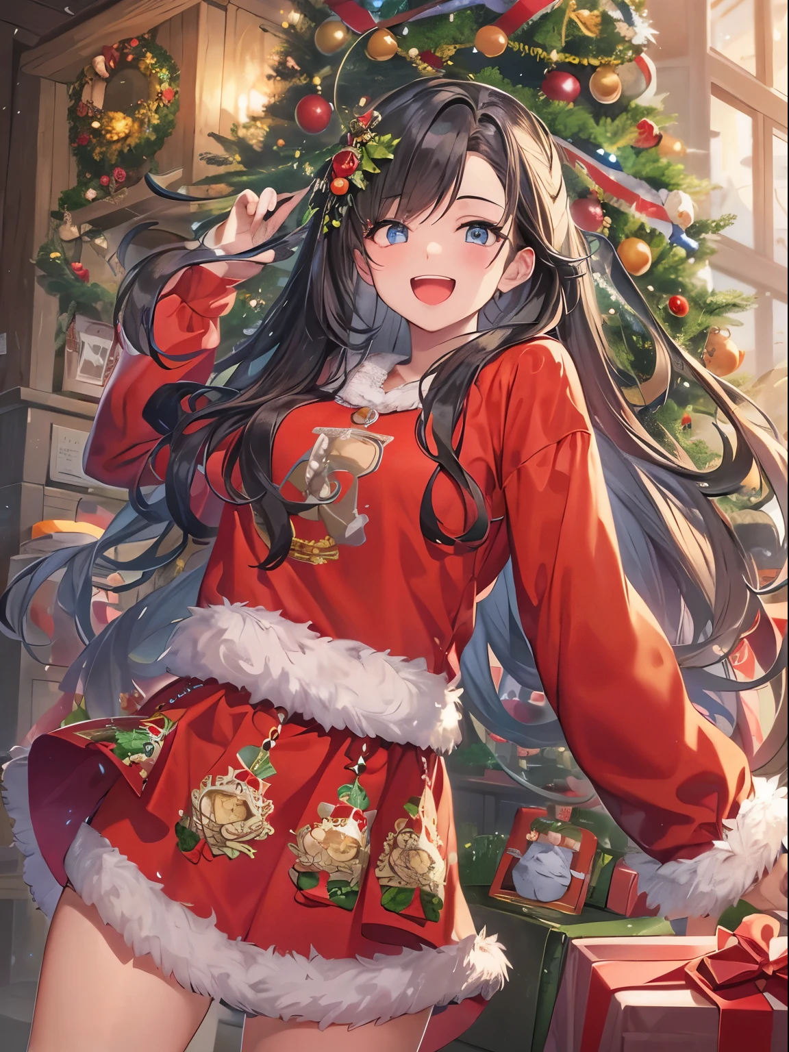 ​masterpiece、top-quality、looking at the viewers、tie long hair up、(hair wavy:0.7)、Colorful casual attire、A black-haired woman smiling happily with her mouth open，christmas image、santa clothes