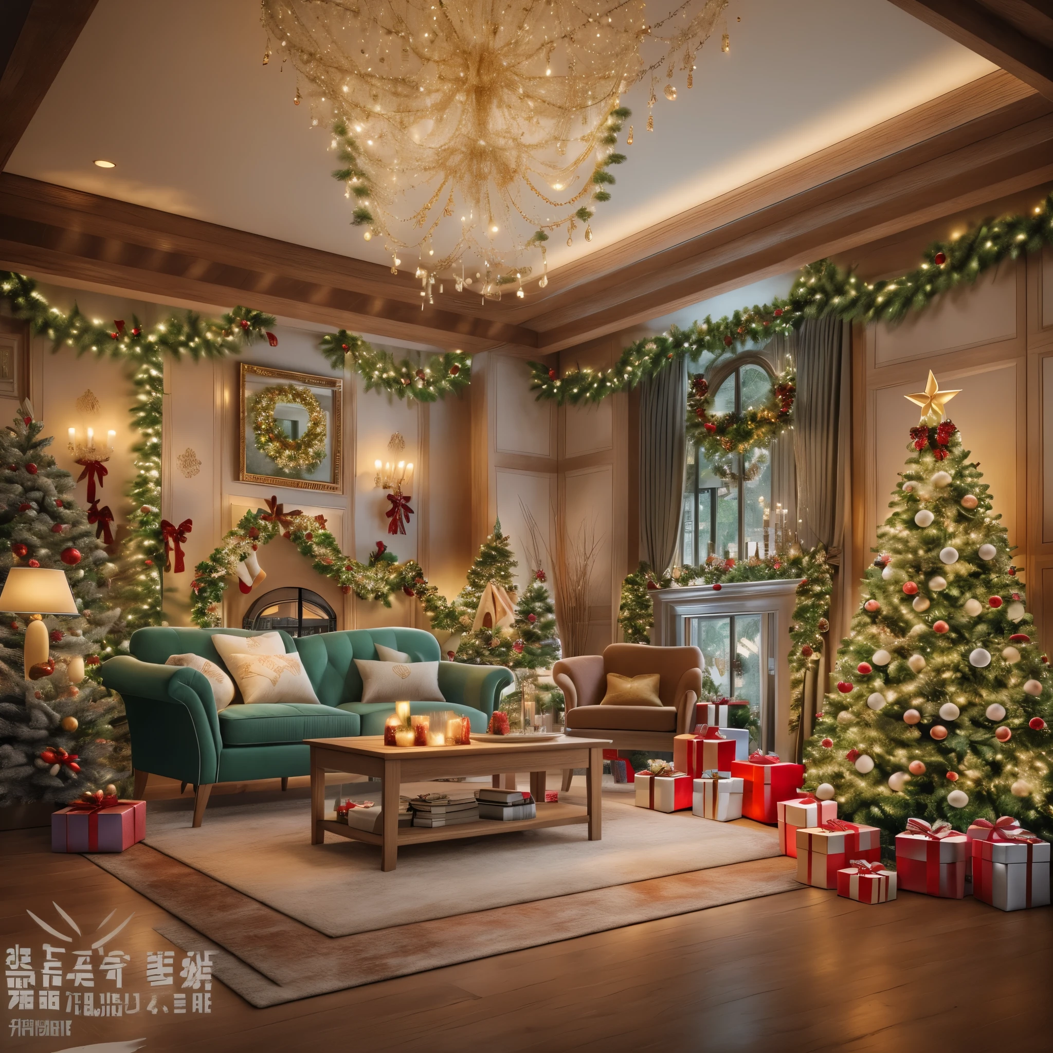 ultra real photo, tmasterpiece, Best quality, ultra - detailed, 超高分辨率, RAW photos,(Christmas living room),(圣诞豪华Decorative style),A fusion of gorgeous Christmas elements and symmetry,落地窗充满温暖的圣诞lamplight。Beautiful Christmas furniture is placed in the center,Includes comfortable Christmas style sofa and chairs,Mild color。(Huge Christmas artwork hanging on the wall),old color,(Christmas unique style)。(墙壁Decorative style以圣诞元素Decorative style,The fireplace is warm、Lanterns hanging on the stairs、Colorful gifts wrapped under the Christmas tree、The floor is piled with gifts、wooden floor、Decorative style的松树、镶wooden floor、Manta ray and green、Christmas atmosphere、传统的Christmas atmosphere、Merry Christmas、gift tags、Christmas wreath、Decorative style、metal ribbon、Christmas tree lights、Candy and Snacks,Gingerbread Man,lamplight),Complements the mirror wall,Broaden the sense of space。(Ornate ceiling design with Christmas elements,悬挂的圣诞彩灯Decorative style让房间充满温暖, Soft lighting)。European Christmas style living room,ultra real photo,Extremely detailed and highest quality CG Unity 8K wallpapers, sn