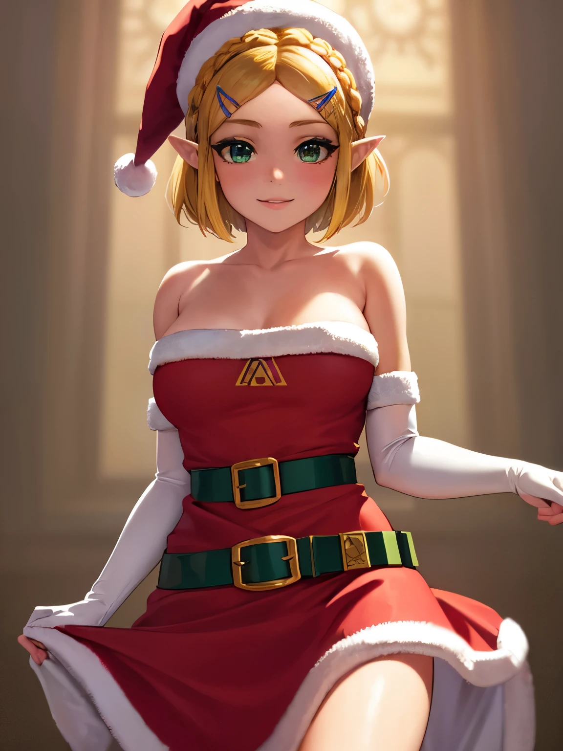 1girl, solo, masterpiece, best quality, high res, highly detailed, (illustration), beautiful detailed eyes, princess zelda, blonde hair, (green eyes:1.5), pointy ears, hair ornament, hairclip, parted bangs, short hair, crown braid,, glossy lips, makeup, smile, long white satin elbow gloves, cowboy shot, (santa), red santa dress, santa hat, strapless dress