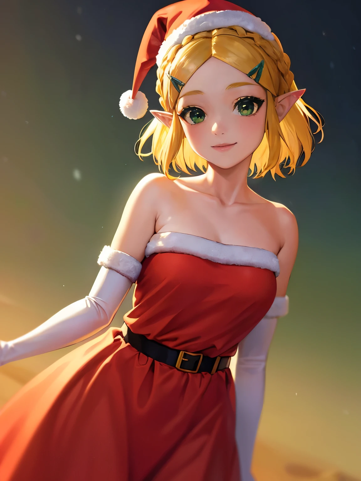 1girl, solo, masterpiece, best quality, high res, highly detailed, (illustration), beautiful detailed eyes, princess zelda, blonde hair, (green eyes:1.5), pointy ears, hair ornament, hairclip, parted bangs, short hair, crown braid,, glossy lips, makeup, smile, long white satin elbow gloves, cowboy shot, (santa), red santa dress, santa hat, strapless dress