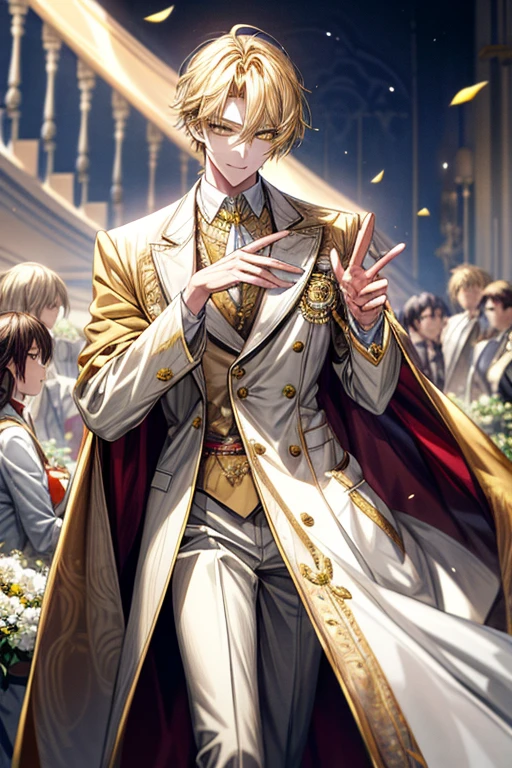 ((masterpiece:1.2、top-quality))、1male people、Short straight hair、((dark yellow hair))、Yellow eyes(a handsome:1.4)、long eyelashes、white suit、Fantasia、校服、royalty、flower garden、blooming flowers、sunlights、Fantastic Light and Shadow、Scenery of the Royal Palace、extra detailed face、Invincible smile、Depiction in motion、Tホテルのmasterpiece,best qualtiy,1 male,As-、Dark yellow hair straight and short,The shirt, seminude、アニメa handsomeな男,Wearing strict royal attire, white and gold royal costume, a handsomeなアニメのポーズ, a handsomeな見事なリアルな,Eyes are yellow、Center division、Forehead、A sexy、appeal