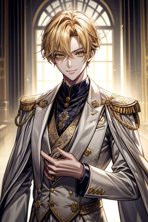 ((​masterpiece:1.2、top-quality))、1male people、Short straight hair、((dark yellow hair))、Yellow eyes(a handsome:1.4)、long eyelashes、white suit、Fantasia、校服、royalty、flower garden、blooming flowers、sunlights、Fantastic Light and Shadow、Scenery of the Royal Palace、extra detailed face、Invincible smile、Depiction in motion、Tホテルの​masterpiece，best qualtiy，1 male，As-、Dark yellow hair straight and short，The shirt, seminude、アニメa handsomeな男,Wearing strict royal attire, white and gold royal costume, a handsomeなアニメのポーズ, a handsomeな見事なリアルな,Eyes are yellow、Center division、Forehead、A sexy、appeal