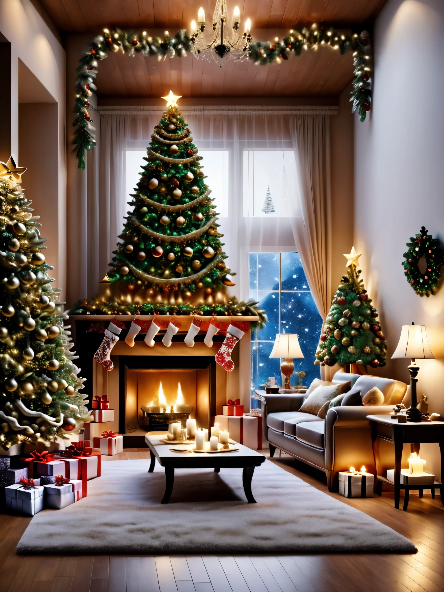 ultra real photo, tmasterpiece, Best quality, ultra - detailed, 超高分辨率, RAW photos,(Christmas living room),(圣诞豪华Decorative style),A fusion of gorgeous Christmas elements and symmetry,落地窗充满温暖的圣诞lamplight。Beautiful Christmas furniture is placed in the center,Includes comfortable Christmas style sofa and chairs,Mild color。(Huge Christmas artwork hanging on the wall),old color,(Christmas unique style)。(墙壁Decorative style以圣诞元素Decorative style,The fireplace is warm、Lanterns hanging on the stairs、Colorful gifts wrapped under the Christmas tree、The floor is piled with gifts、wooden floor、Decorative style的松树、镶wooden floor、Manta ray and green、Christmas atmosphere、传统的Christmas atmosphere、Merry Christmas、gift tags、Christmas wreath、Decorative style、metal ribbon、Christmas tree lights、Candy and Snacks,Gingerbread Man,lamplight),Complements the mirror wall,Broaden the sense of space。(Ornate ceiling design with Christmas elements,悬挂的圣诞彩灯Decorative style让房间充满温暖, Soft lighting)。European Christmas style living room,ultra real photo,Extremely detailed and highest quality CG Unity 8K wallpapers, sn