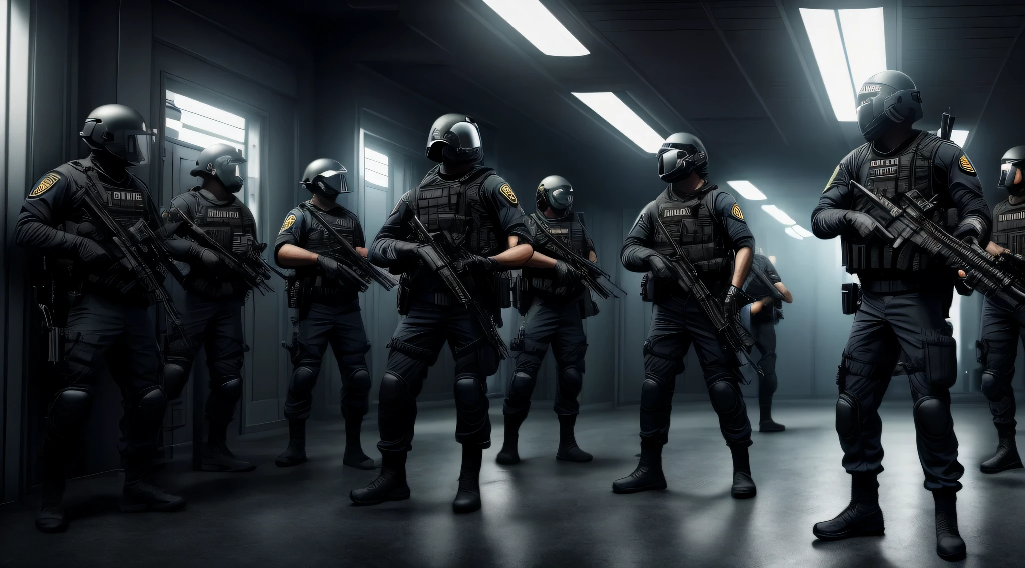 (ultra-detailed CG unity 8k wallpaper, masterpiece, best quality, depth of field, HDR, intricate), (SWAT briefingroom),Speaker's podium(high light),Full body photo(Real Human)Natural realism,Black police uniform,Fill your face light, group of SWAT,