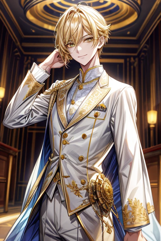 ((masterpiece:1.2、top-quality))、1male people、Short straight hair、((dark yellow hair))、Yellow eyes(a handsome:1.4)、long eyelashes、white suit、Fantasia、校服、royalty、flower garden、blooming flowers、sunlights、Fantastic Light and Shadow、Scenery of the Royal Palace、extra detailed face、Invincible smile、Depiction in motion、Tホテルのmasterpiece,best qualtiy,1 male,As-、Dark yellow hair straight and short,The shirt, seminude、アニメa handsomeな男,Wearing strict royal attire, white and gold royal costume, a handsomeなアニメのポーズ, a handsomeな見事なリアルな,Eyes are yellow、Center division、Forehead、A sexy、Rin々Right