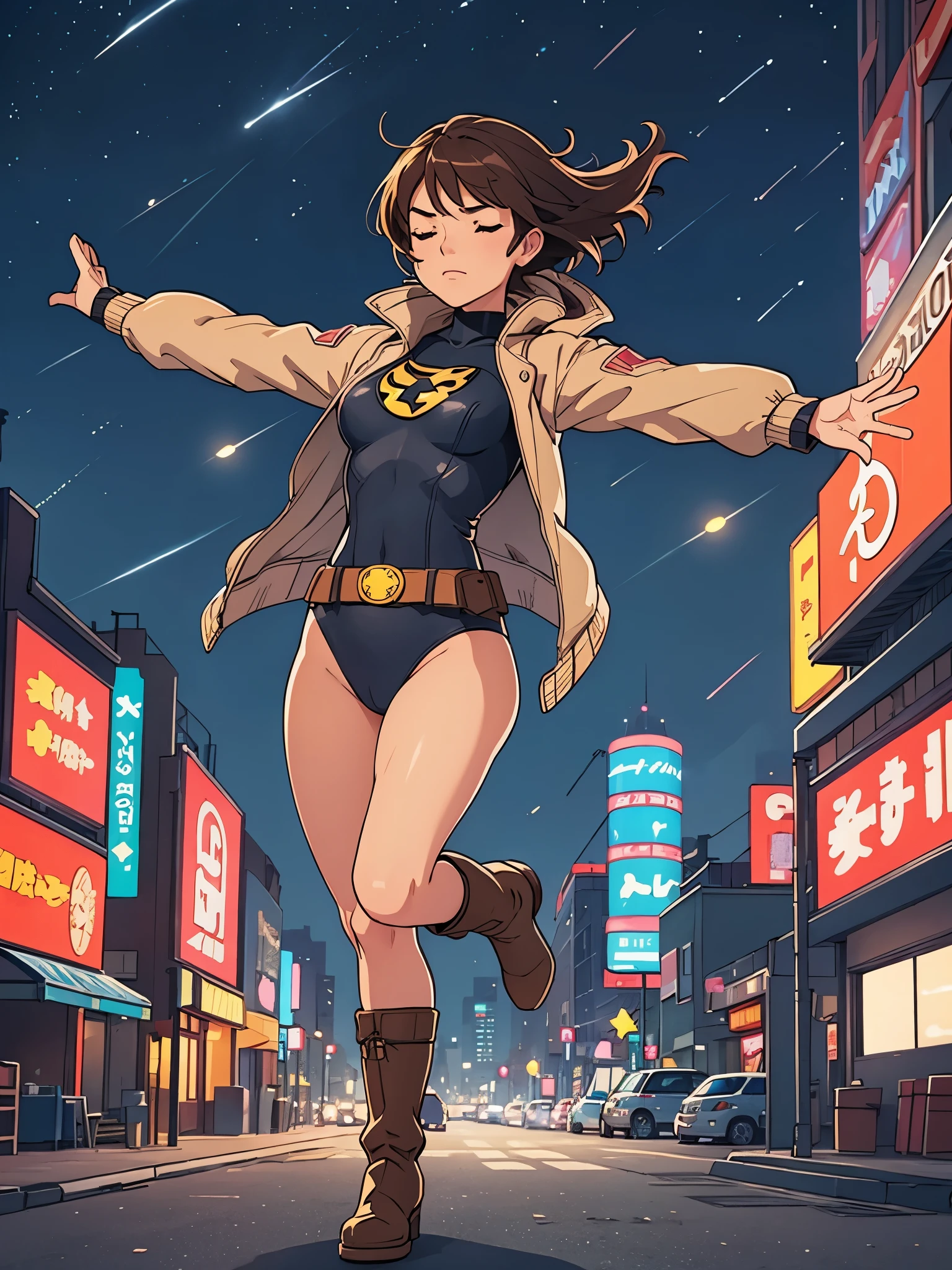 1girl, medium breasts, leotard, bare legs, tight belt, boots, matching boots, gloves, city backdrop, solo, single, outstretched arms, standing, full body shot, cowboy shot, superhero, beautiful detailed eyes, mature lady, star symbol on chest, brown hair, high leg leotard, spinning like a tornado, closed eyes, transforming