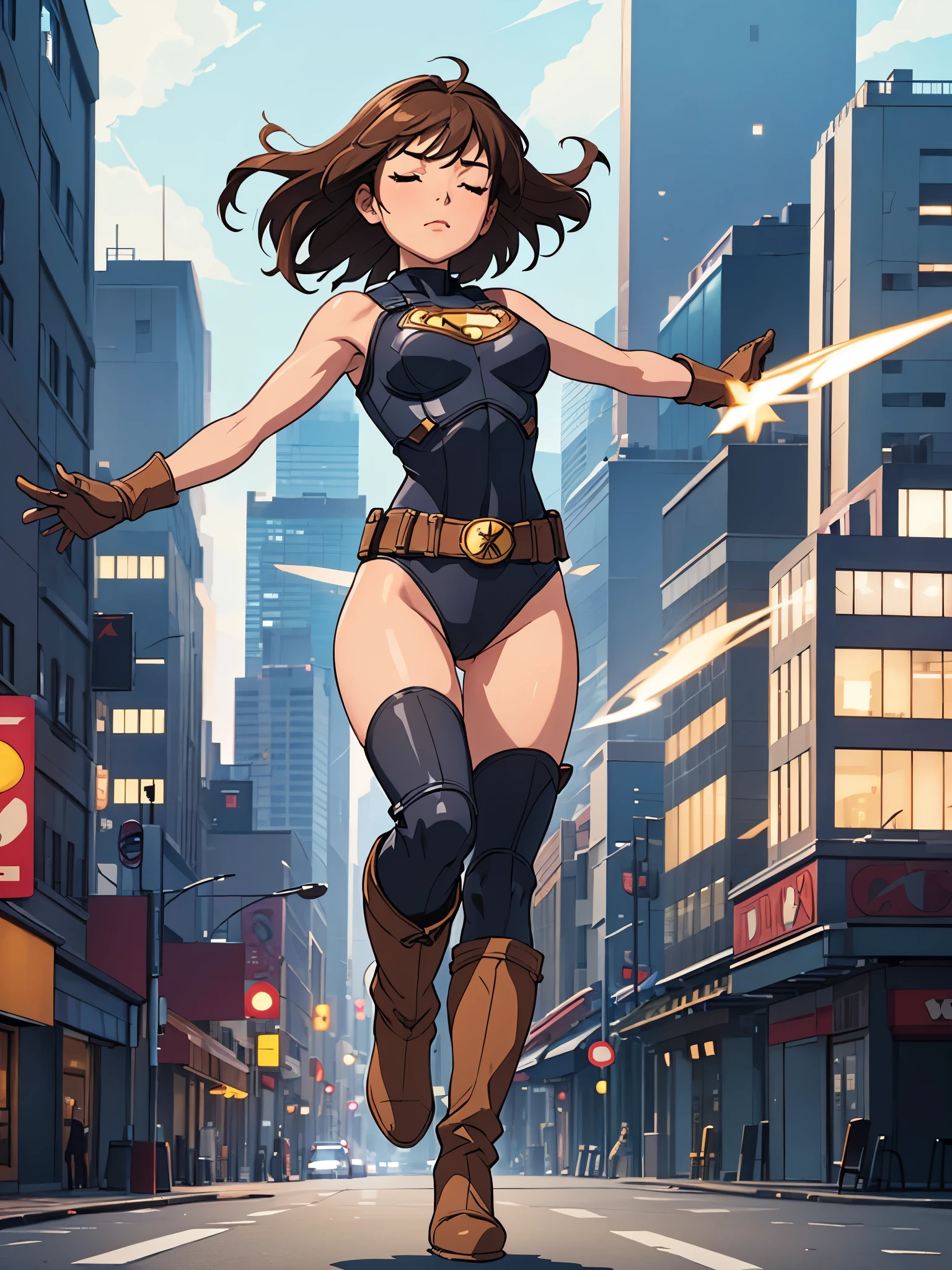 1girl, medium breasts, leotard, bare legs, tight belt, boots, matching boots, gloves, city backdrop, solo, single, hands on hip, standing, full body shot, cowboy shot, superhero, beautiful detailed eyes, mature lady, star symbol on chest, brown hair, bob hair, high leg leotard