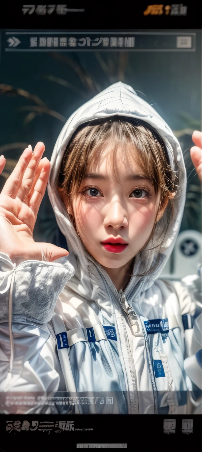 ​masterpiece、8K、32K、top-quality、(A detailed eye)、(A cute Japanese woman、bangss)、23years old、1 girl in、elegent、(Detailed background depiction、portlate:1.2)、Wearing a hood、牙