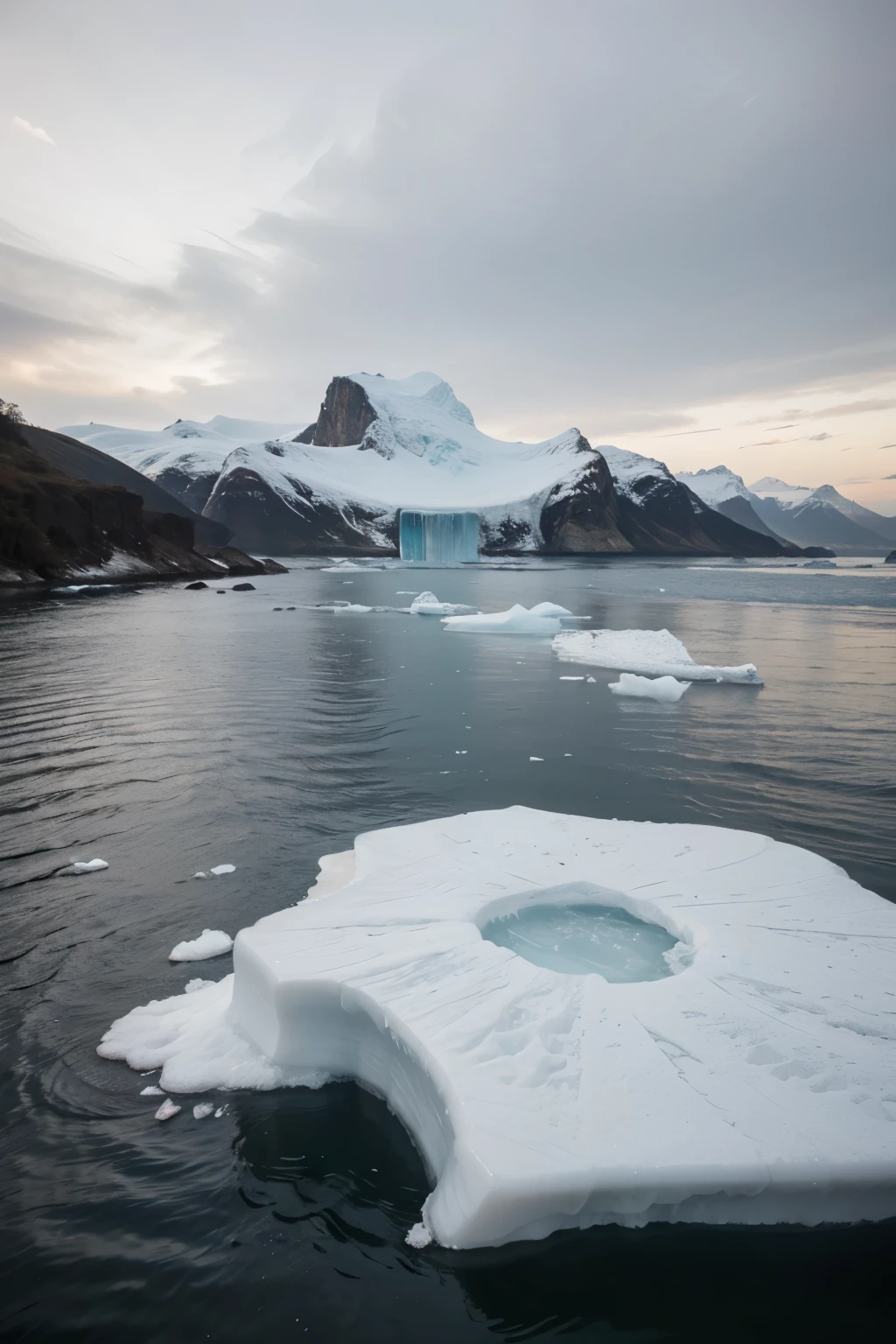 Big ice berg floating on sea with few chunks around it.