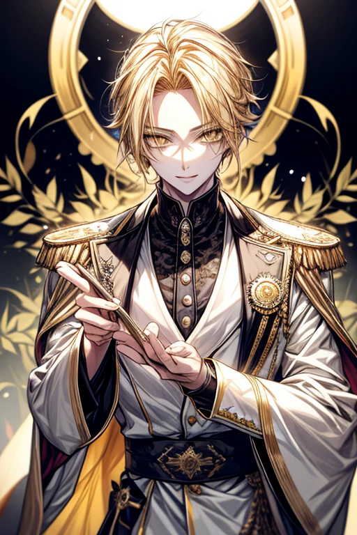 ((masterpiece:1.2、top-quality))、1male people、Short straight hair、((dark yellow hair))、Yellow eyes(a handsome:1.4)、long eyelashes、white suit、Fantasia、校服、royalty、flower garden、blooming flowers、sunlights、Fantastic Light and Shadow、Scenery of the Royal Palace、extra detailed face、Invincible smile、Depiction in motion、Tホテルのmasterpiece,best qualtiy,1 male,As-、Dark yellow hair straight and short,The shirt, seminude、アニメa handsomeな男,Wearing strict royal attire, white and gold royal costume, a handsomeなアニメのポーズ, a handsomeな見事なリアルな,Eyes are yellow、Center division、Forehead、A sexy