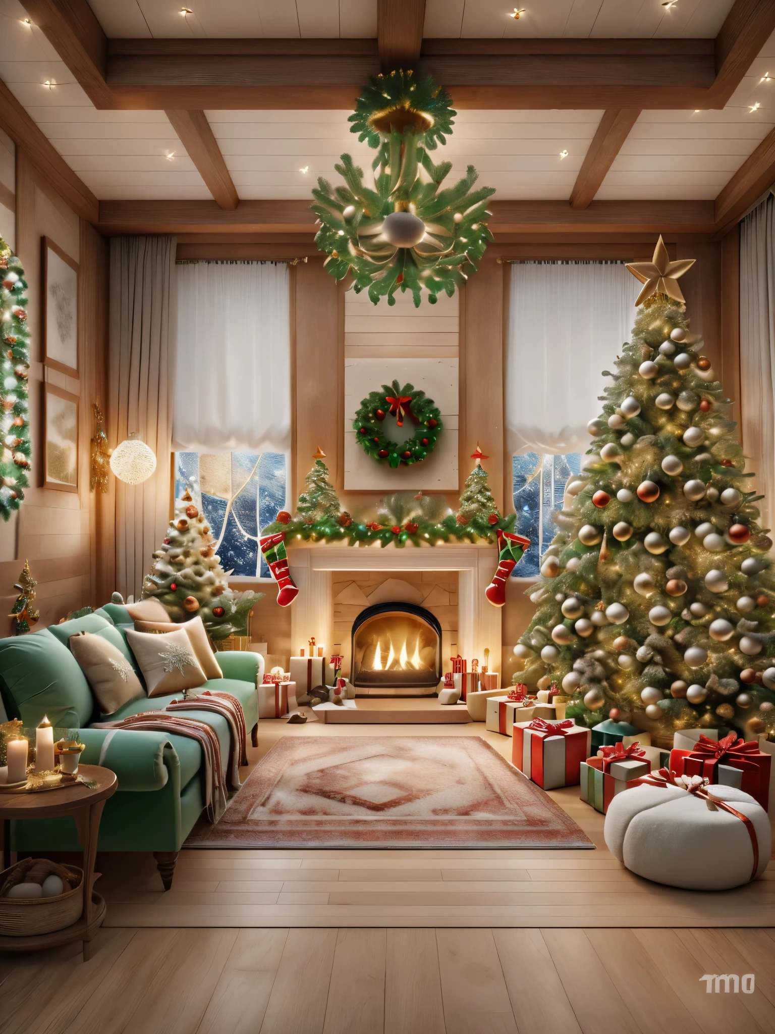 ultra real photo, tmasterpiece, Best quality, ultra - detailed, 超高分辨率, RAW photos,(Christmas living room),(圣诞豪华Decorative style),A fusion of gorgeous Christmas elements and symmetry,落地窗充满温暖的圣诞lamplight。Beautiful Christmas furniture is placed in the center,Includes comfortable Christmas style sofa and chairs,Mild color。(Huge Christmas artwork hanging on the wall),old color,(Christmas unique style)。(墙壁Decorative style以圣诞元素Decorative style,The fireplace is warm、Lanterns hanging on the stairs、Colorful gifts wrapped under the Christmas tree、The floor is piled with gifts、wooden floor、Decorative style的松树、镶wooden floor、Manta ray and green、Christmas atmosphere、传统的Christmas atmosphere、Merry Christmas、gift tags、Christmas wreath、Decorative style、metal ribbon、Christmas tree lights、Candy and Snacks,Gingerbread Man,lamplight),Complements the mirror wall,Broaden the sense of space。(Ornate ceiling design with Christmas elements,悬挂的圣诞彩灯Decorative style让房间充满温暖, Soft lighting)。European Christmas style living room,ultra real photo,Extremely detailed and highest quality CG Unity 8K wallpapers, sn