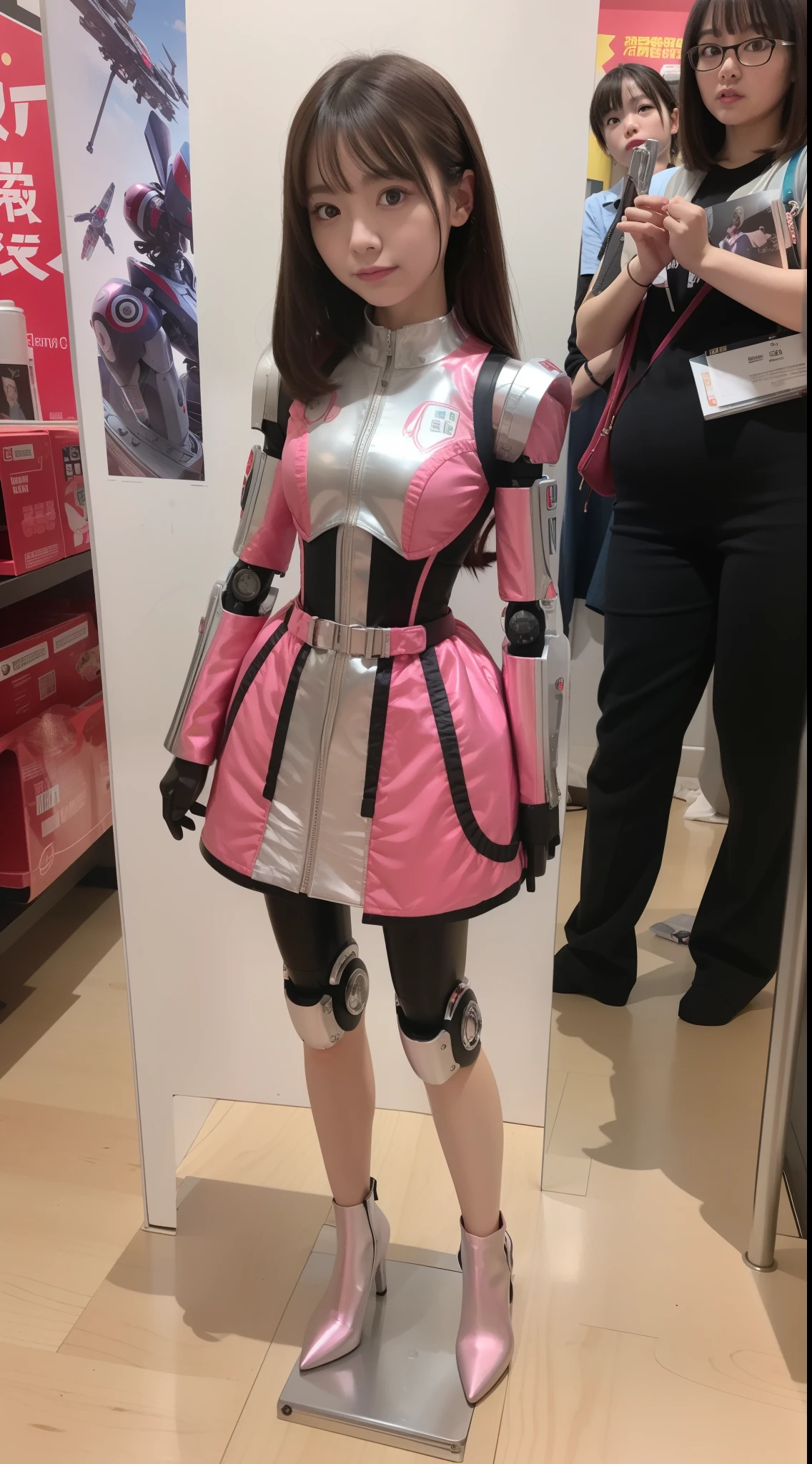 Robot Girl, pink there, Silver, Metallic body, Robot Parts, Metal Parts, Super Detailed Face, Super well-formed face, of the highest quality, a small face, small head, Brown hair, Slender body, Camera gaze, Internal Mechanical Exposure, Idol, front facing, Well-proportioned body, sale, Exhibited, Event Hall, Moe Pose, pink metallic Lolita dress machine armor, Standing with , Model body type, sad, Embarrassing,(Perfect Robot Girl),(Perfect machine body)