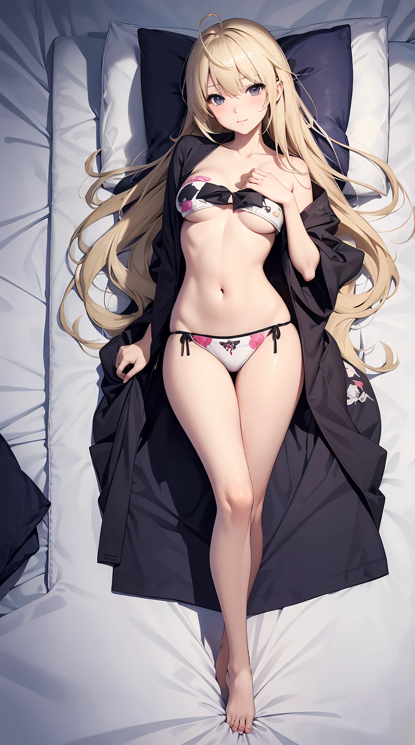 tmasterpiece、full-body view,RAW photogr,Background with((Bedrooms, Lie down in bed))、(pillowslip), (dakimakura), student、A beautyful girl、ssmile,A blonde、Colossal titikini with detailed embroidery,sexyposture、perspired、Wet hair,Barefoot