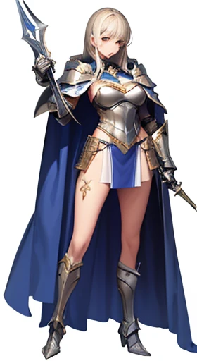 (((Best Quality))) , ((full body)), female, reference sheet, solo, (white background), holding weapon, cloak, gauntlets, holding shield, leotard, armored dress, waist armor, loincloth, pelvic curtain,
