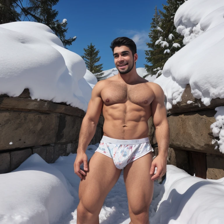 Hombres en la nieve, latinos guapos, en boxers,  con un bulto muy grande y largo en la entrepierna, y se tiene que ver la cara.