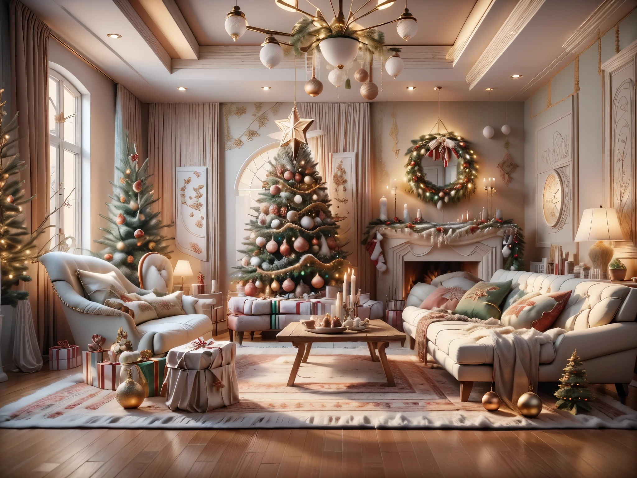 ultra real photo， tmasterpiece， Best quality， ultra - detailed， 超高分辨率， RAW photos，(Christmas living room)，(圣诞豪华Decorative style)，A fusion of gorgeous Christmas elements and symmetry，落地窗充满温暖的圣诞lamplight。Beautiful Christmas furniture is placed in the center，Includes comfortable Christmas style sofa and chairs，Mild color。(Huge Christmas artwork hanging on the wall)，old color，(Christmas unique style)。(墙壁Decorative style以圣诞元素Decorative style，The fireplace is warm、Lanterns hanging on the stairs、Colorful gifts wrapped under the Christmas tree、The floor is piled with gifts、wooden floor、Decorative style的松树、镶wooden floor、Manta ray and green、Christmas atmosphere、传统的Christmas atmosphere、Merry Christmas、gift tags、Christmas wreath、Decorative style、metal ribbon、Christmas tree lights、Candy and Snacks，Gingerbread Man，lamplight)，Complements the mirror wall，Broaden the sense of space。(Ornate ceiling design with Christmas elements，悬挂的圣诞彩灯Decorative style让房间充满温暖, Soft lighting)。European Christmas style living room，ultra real photo，Extremely detailed and highest quality CG Unity 8K wallpapers