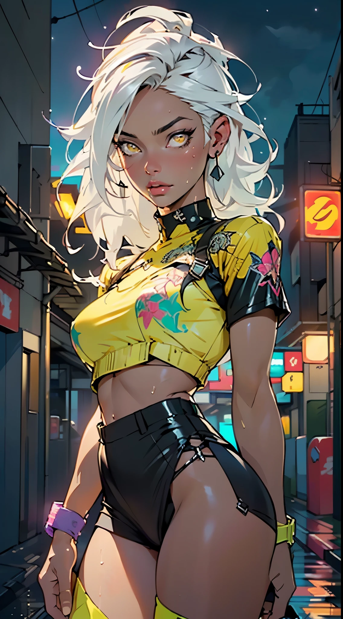 girl rave,(((1girl))),((girl with extremely cute and beautiful white hair)),dark skin,very dark skin,dark_skin,
(large breasts:1.4),saggy breasts,(((white hair:1.35,straight hair,long hair:1.4,colored inner hair,ear breathing))),(((light_yellow_eyes:1.3))),intricate eyes,beautiful detailed eyes,symmetrical eyes,big eyes:1.5,((fat)),((((black girl,black skin,dark-skinned_female,dark skin:1.3,ebony skin,lustrous skin:1.5,bright skin: 1.5,shiny skin,very shiny skin,shiny body,plastic glitter skin,exaggerated shiny skin,shiny skin like ebony,illuminated skin, wet legs))),(spider lower abdomen,narrow waist,wide hip,athletic body,inflated legs, thick thighs,detailed body,(detailed face)),
cute,slutty,seductive,erotic,((nsfw)),
zettai ryouiki,revealing clothing,show skin,((rave shirt with an yellow print,rave mini-skirt,visible thong straps)),((underpants strap)),(wearing a rave outfit:1.3,rave clothes,semi-naked,with little clothing),((wet clothes,intricate outfit,intricate clothes)),
(dynamic pose:1.0),solo focus,embarrassed,(centered,scale to fit dimensions,Rule of thirds),
cyberpunk city by the ocean at night, with bright neon signs and dark stormy clouds and puddles, scenery:1.25,nighttime, starry night, cosmos,Very dark night that makes the neon lights stand out, very bright neon lights,nighttime, starry night, cosmos,
artistic photography,(photography taken by sldr),highres, sharp focus,(ultra detailed, extremely detailed), (photorealistic artwork:1.37),(extremely detailed CG unity 8k wallpaper),((synthwave background theme)),(((vibrant colors))),intricate,(intricate background),(masterpiece),(best quality),perfect rendered face,perfect face details,realistic face,photo realistic,analog style,((intricate detail)),(((realism))),