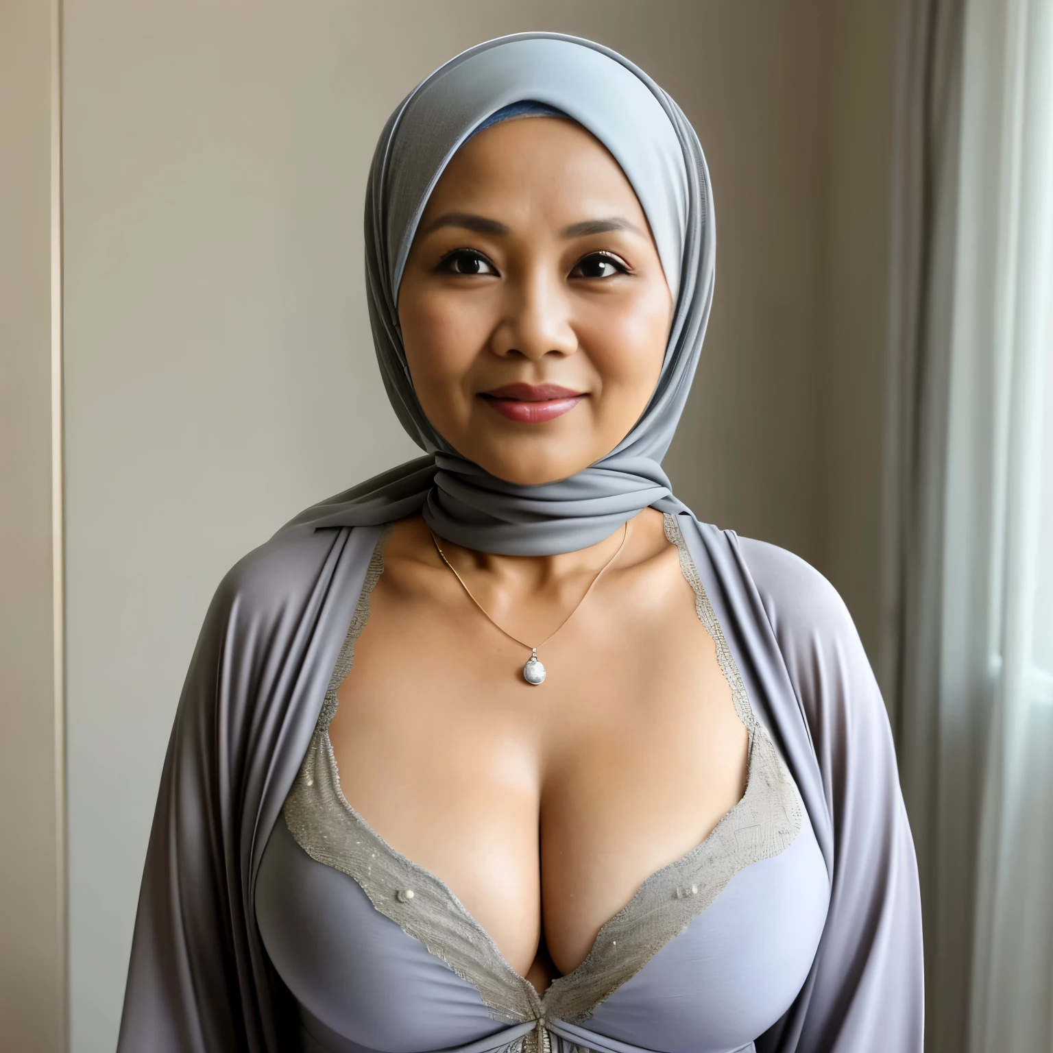 56 Years old, Indonesian mature woman, wearing Wide Hijab, perfect , natural Ultra droopiest Gigantic Mature breast : 136.9, gorgeous eyes, Soft smile, wear a Tight Gown, Wearing Bra, necklace, Breast about to burst out.