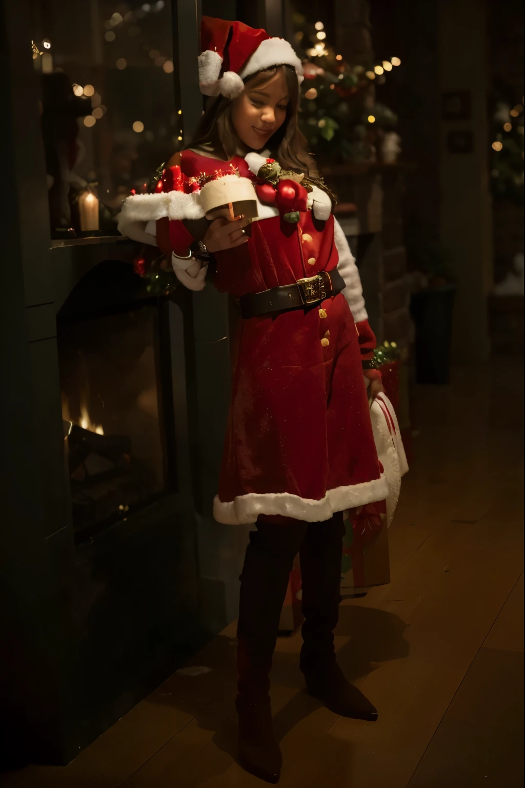 (Best quality, 8k, 32k, Masterpiece, UHD:1.2) "Transform the image into a heartwarming scene of Santa's workshop, filled with holiday cheer and Christmas magic. Envision a cozy and bustling workshop adorned with festive decorations, twinkling lights, and piles of wrapped gifts. Capture the enchanting atmosphere of the North Pole, showcasing Santa's elves busy at work, crafting toys and preparing for the holiday season. Incorporate elements such as a crackling fireplace, snowy landscapes visible through the windows, and Santa's iconic red suit hanging nearby. Use warm and inviting colors to evoke the joyful and spirited ambiance of Christmas, infusing the scene with a sense of wonder and delight." Christmas Tree