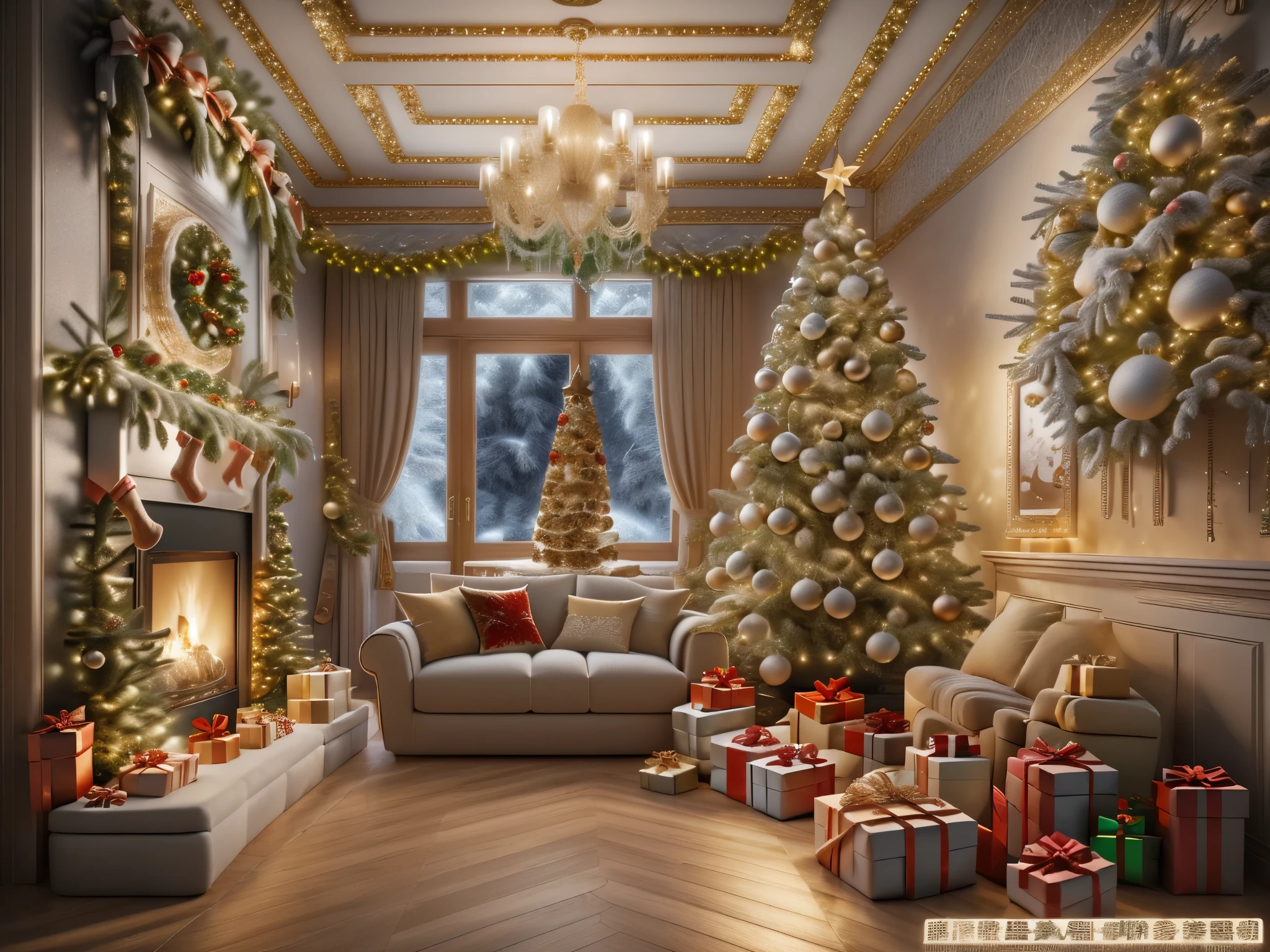 ultra real photo, tmasterpiece, Best quality, ultra - detailed, 超高分辨率, RAW photos,(Christmas living room),(圣诞豪华Decorative style),A fusion of gorgeous Christmas elements and symmetry,落地窗充满温暖的圣诞lamplight。Beautiful Christmas furniture is placed in the center,Includes comfortable Christmas style sofa and chairs,Mild color。(Huge Christmas artwork hanging on the wall),old color,(Christmas unique style)。(墙壁Decorative style以圣诞元素Decorative style,The fireplace is warm、Lanterns hanging on the stairs、Colorful gifts wrapped under the Christmas tree、The floor is piled with gifts、wooden floor、Decorative style的松树、镶wooden floor、Manta ray and green、Christmas atmosphere、传统的Christmas atmosphere、Merry Christmas、gift tags、Christmas wreath、Decorative style、metal ribbon、Christmas tree lights、Candy and Snacks,Gingerbread Man,lamplight),Complements the mirror wall,Broaden the sense of space。(Ornate ceiling design with Christmas elements,悬挂的圣诞彩灯Decorative style让房间充满温暖, Soft lighting)。European Christmas style living room,ultra real photo,Extremely detailed and highest quality CG Unity 8K wallpapers