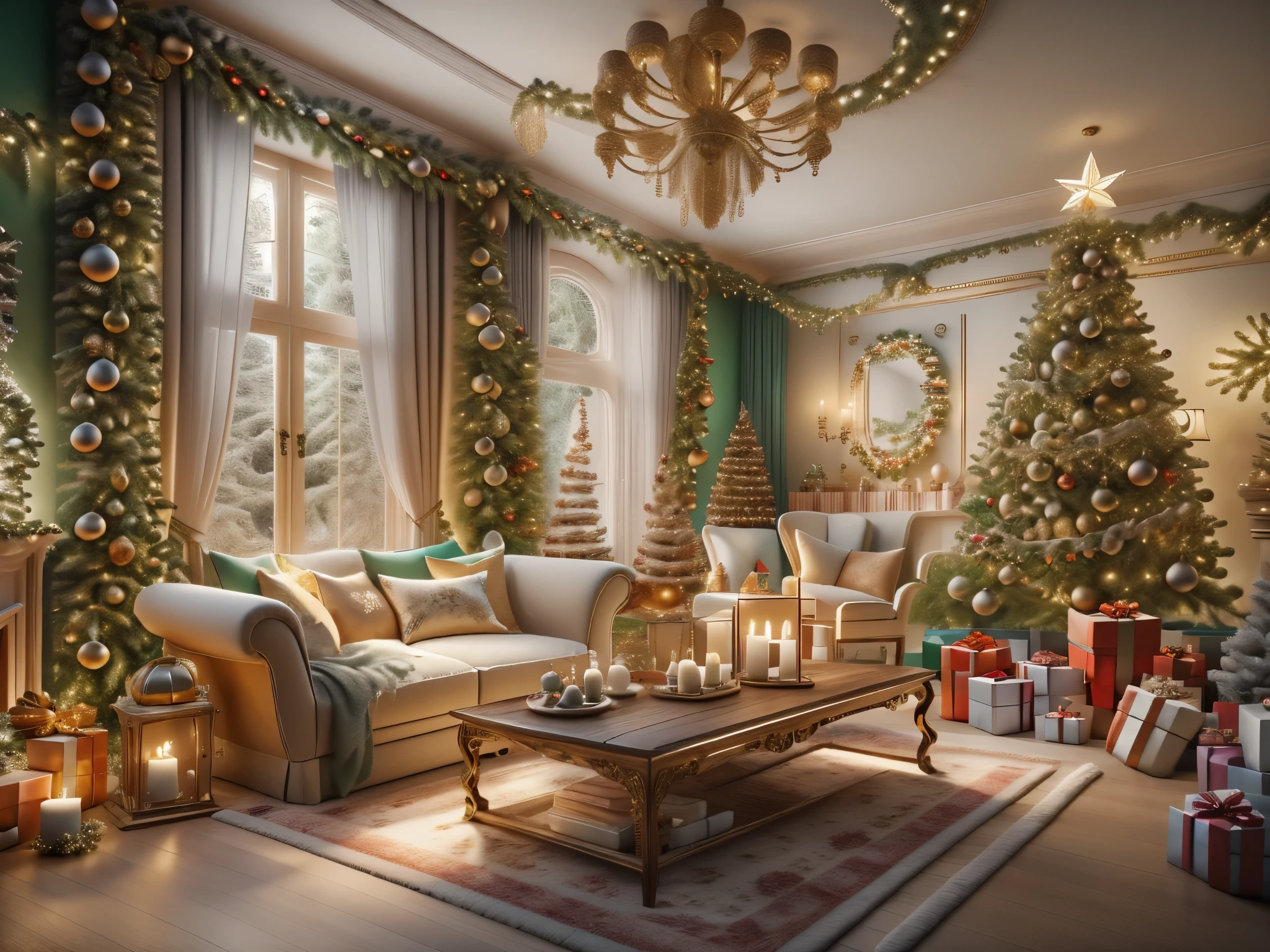 ultra real photo， tmasterpiece， Best quality， ultra - detailed， 超高分辨率， RAW photos，(Christmas living room)，(圣诞豪华Decorative style)，A fusion of gorgeous Christmas elements and symmetry，落地窗充满温暖的圣诞lamplight。Beautiful Christmas furniture is placed in the center，Includes comfortable Christmas style sofa and chairs，Mild color。(Huge Christmas artwork hanging on the wall)，old color，(Christmas unique style)。(墙壁Decorative style以圣诞元素Decorative style，The fireplace is warm、Lanterns hanging on the stairs、Colorful gifts wrapped under the Christmas tree、The floor is piled with gifts、wooden floor、Decorative style的松树、镶wooden floor、Manta ray and green、Christmas atmosphere、传统的Christmas atmosphere、Merry Christmas、gift tags、Christmas wreath、Decorative style、metal ribbon、Christmas tree lights、Candy and Snacks，Gingerbread Man，lamplight)，Complements the mirror wall，Broaden the sense of space。(Ornate ceiling design with Christmas elements，悬挂的圣诞彩灯Decorative style让房间充满温暖, Soft lighting)。European Christmas style living room，ultra real photo，Extremely detailed and highest quality CG Unity 8K wallpapers