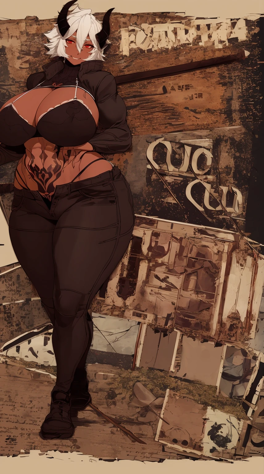 helga, dark-skinned female, short hair, silver hair,, horns, red eyes, , huge breasts, no wings, muscular female, thick thighs, thick arms, tomboy,full body tatto,, no tail,fertility tatto, breeding tatto,smug, holding axe, reflection light, blending, bloom, god rays, ray tracing, Fujicolor, drop shadow, Gothic art, anime, Ghibli-like colours, anime style, UHD, retina, masterpiece, ccurate, anatomically correct, textured skin, super detail, high details, high quality, award winning, best quality, highres, 1080P, HD, 4K, 8k, 16k,refsheet, pullover, pantashion #Clothing Trigger Words: edgPO wearing edgPO pullover sweater, coat, pants