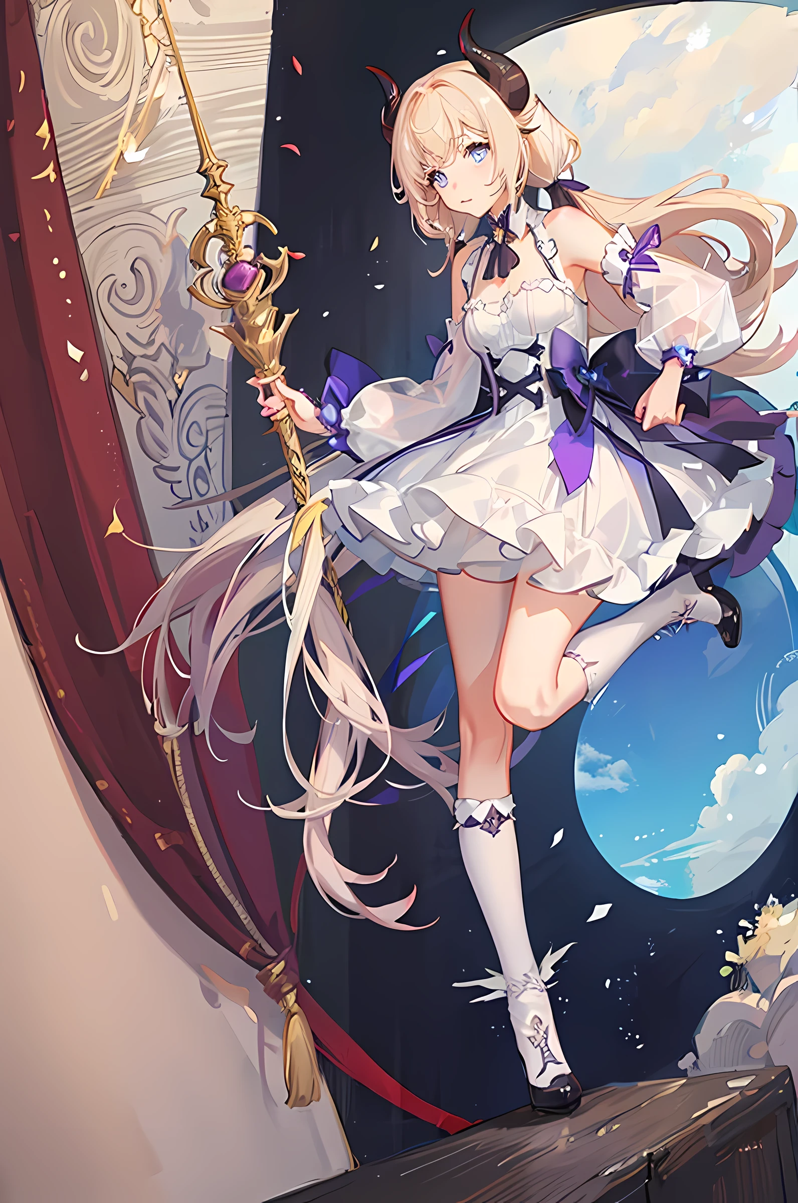 blonde hair in two low pigtails, light blue eyes, small goat horns, brown horns, small horns, wearing puffy sleeves dress, white and purple dress, white boots in heels, blonde hair