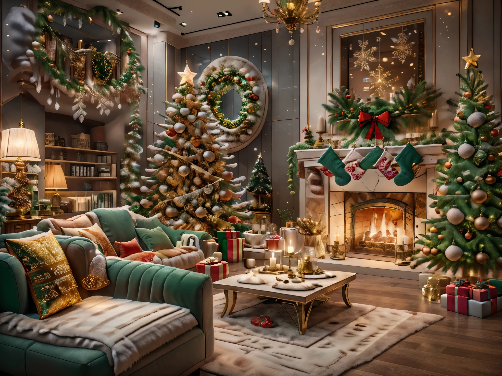 ultra real photo, tmasterpiece, Best quality, ultra - detailed, 超高分辨率, RAW photos,(Christmas living room),(圣诞豪华Decorative style),A fusion of gorgeous Christmas elements and symmetry,落地窗充满温暖的圣诞lamplight。Beautiful Christmas furniture is placed in the center,Includes comfortable Christmas style sofa and chairs,Mild color。(Huge Christmas artwork hanging on the wall),old color,(Christmas unique style)。(墙壁Decorative style以圣诞元素Decorative style,The fireplace is warm、Lanterns hanging on the stairs、Colorful gifts wrapped under the Christmas tree、The floor is piled with gifts、wooden floor、Decorative style的松树、镶wooden floor、Manta ray and green、Christmas atmosphere、传统的Christmas atmosphere、Merry Christmas、gift tags、Christmas wreath、Decorative style、metal ribbon、Christmas tree lights、Candy and Snacks,Gingerbread Man,lamplight),Complements the mirror wall,Broaden the sense of space。(Ornate ceiling design with Christmas elements,悬挂的圣诞彩灯Decorative style让房间充满温暖, Soft lighting)。European Christmas style living room,ultra real photo,Extremely detailed and highest quality CG Unity 8K wallpapers