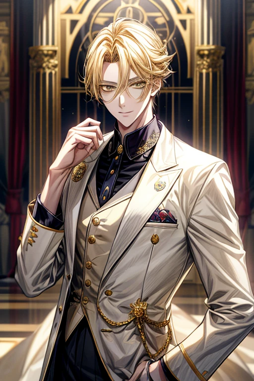 ((masterpiece:1.2、top-quality))、1male people、Short straight hair、((dark yellow hair))、Yellow eyes(a handsome:1.4)、long eyelashes、white suit、Fantasia、校服、royalty、flower garden、blooming flowers、sunlights、Fantastic Light and Shadow、Scenery of the Royal Palace、extra detailed face、Invincible smile、Depiction in motion、Tホテルのmasterpiece,best qualtiy,1 male,As-、Dark yellow hair straight and short,The shirt, seminude、アニメa handsomeな男,Wearing strict royal attire, white and gold royal costume, a handsomeなアニメのポーズ, a handsomeな見事なリアルな,Eyes are yellow、Center division、Forehead、A sexy、Tall、190cm、manly、handsome man、Beautiful shape、Best style、cool expression