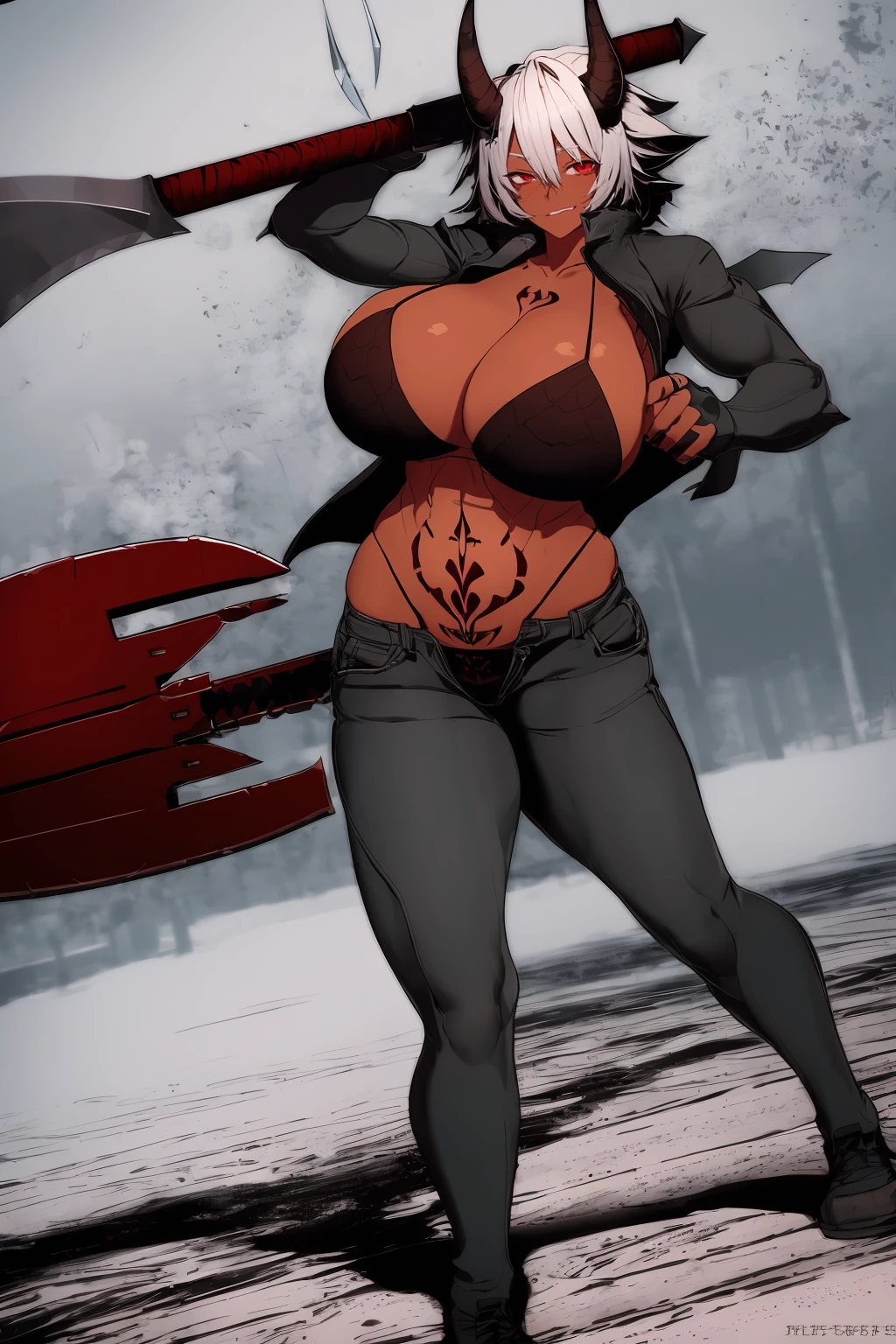 helga, dark-skinned female, short hair, silver hair,, horns, red eyes, , huge breasts, no wings, muscular female, thick thighs, thick arms, tomboy,full body tatto,, no tail,fertility tatto, breeding tatto,smug, holding axe, reflection light, blending, bloom, god rays, ray tracing, Fujicolor, drop shadow, Gothic art, anime, Ghibli-like colours, anime style, UHD, retina, masterpiece, ccurate, anatomically correct, textured skin, super detail, high details, high quality, award winning, best quality, highres, 1080P, HD, 4K, 8k, 16k,refsheet, pullover, pantashion #Clothing Trigger Words: edgPO wearing edgPO pullover sweater, coat, pants,holding weapon , holding axe,chiaroscuro, depth of field, cinematic lighting, motion blur, chromatic aberration, sparkle, blurry, glowing light, god rays, ray tracing, reflection light, backlighting, blending, bloom, dithering, drop shadow, film grain, Fujicolor, halftone, image fill, motion lines, optical , anaglyph, stereogram, scanlines, silhouette, speed lines, vignetting, Gothic art, anime, Conceptual art, Genre painting, Ghibli-like colours, anime style, Luminism