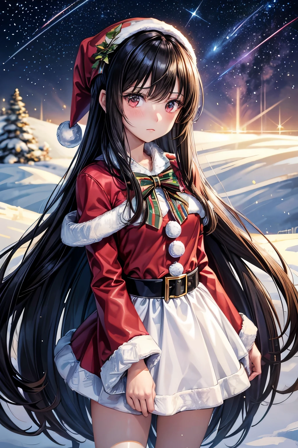 hyper extreme detailed,(shiny:1.1025), (shiny clothes:1.1025), (shiny hair:1.1025),extremely detailed face,sparkling colorful anime eyes,young age(solo:1.05), (1giri:1.05), (best quality:1.05), beautiful,hair intakes,(small breasts:1.05), (tsurime:1.21551), .shiny hair,long hair,black hair,(very long sidelock:1.05), (small breasts:1.05), dark red eyes,jewel-like eyes,frown,anguish,(blush:1.05),cowboy shot,(unamused:1.05),(outdoors:1.05),meteor shower,snow field,starry sky,snowflake, (santa costume:1.25),buckle,christmas tree,,cinematic shot,cinematic angle,particle,light particles,brilliant light,cowboy shot,perspective, brilliant light,light particles,pov