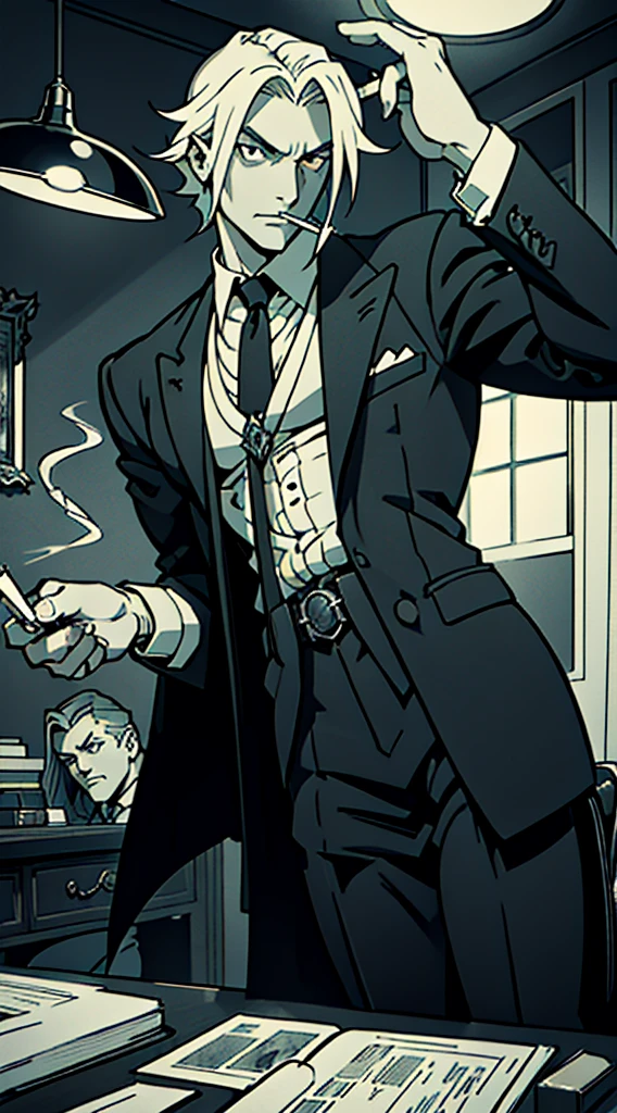 private investigator, legs on desk, smoking a cigarette, leaning back in chair, anime, monochrome, Art Deco, Gothic art, anime style, anatomically correct, masterpiece, high details, high quality, beautifully detailed eyes, captivating gaze, skillfully executed lighting, studio lighting techniques bringing out the man's features and the overall mood of the scene