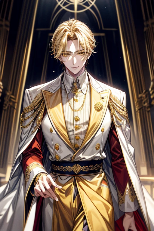 ((masterpiece:1.2、top-quality))、1male people、Short straight hair、((dark yellow hair))、Yellow eyes(a handsome:1.4)、long eyelashes、white suit、Fantasia、校服、royalty、flower garden、blooming flowers、sunlights、Fantastic Light and Shadow、Scenery of the Royal Palace、extra detailed face、Invincible smile、Depiction in motion、Tホテルのmasterpiece,best qualtiy,1 male,As-、Dark yellow hair straight and short,The shirt, seminude、アニメa handsomeな男,Wearing strict royal attire, white and gold royal costume, a handsomeなアニメのポーズ, a handsomeな見事なリアルな,Eyes are yellow、Center division、Forehead、A sexy、Tall、190cm、manly、handsome man、Beautiful shape、Best style、cool expression、Model Pose