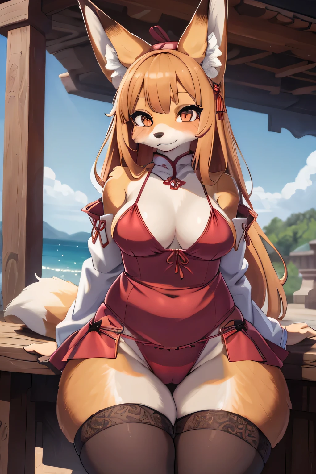 girl in a string bikini with a fox tail, female furry mini cute style, holo is a wolf girl, dress, furry brown body!!, holo if a wolf girl!!!, furry, fox tail, swimsuit, furry art!!!, small curvy , Camel toe is very obvious, The nipple contour is pronounced, small breast, fishnet stockings wrap the thighs, absurdly long hair, erotic, Sci-fi, (small breast), beautiful clothes , Lace, lace trims, lace clothing, lace clothing thick thighs!!, china dress, futa