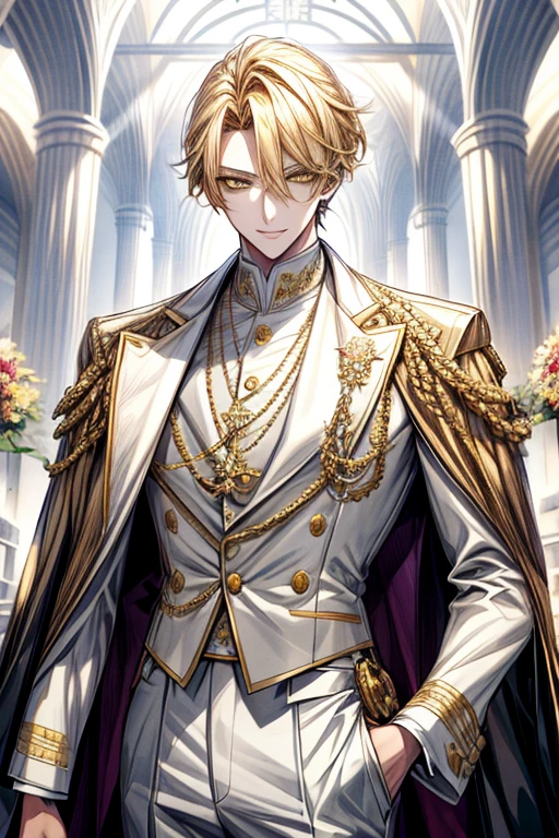 ((masterpiece:1.2、top-quality))、1male people、Short straight hair、((dark yellow hair))、Yellow eyes(a handsome:1.4)、long eyelashes、white suit、Fantasia、校服、royalty、flower garden、blooming flowers、sunlights、Fantastic Light and Shadow、Scenery of the Royal Palace、extra detailed face、Invincible smile、Depiction in motion、Tホテルのmasterpiece,best qualtiy,1 male,As-、Dark yellow hair straight and short,The shirt, seminude、アニメa handsomeな男,Wearing strict royal attire, white and gold royal costume, a handsomeなアニメのポーズ, a handsomeな見事なリアルな,Eyes are yellow、Center division、Forehead、A sexy、Tall、190cm、manly、handsome man、Beautiful shape、Best style、cool expression