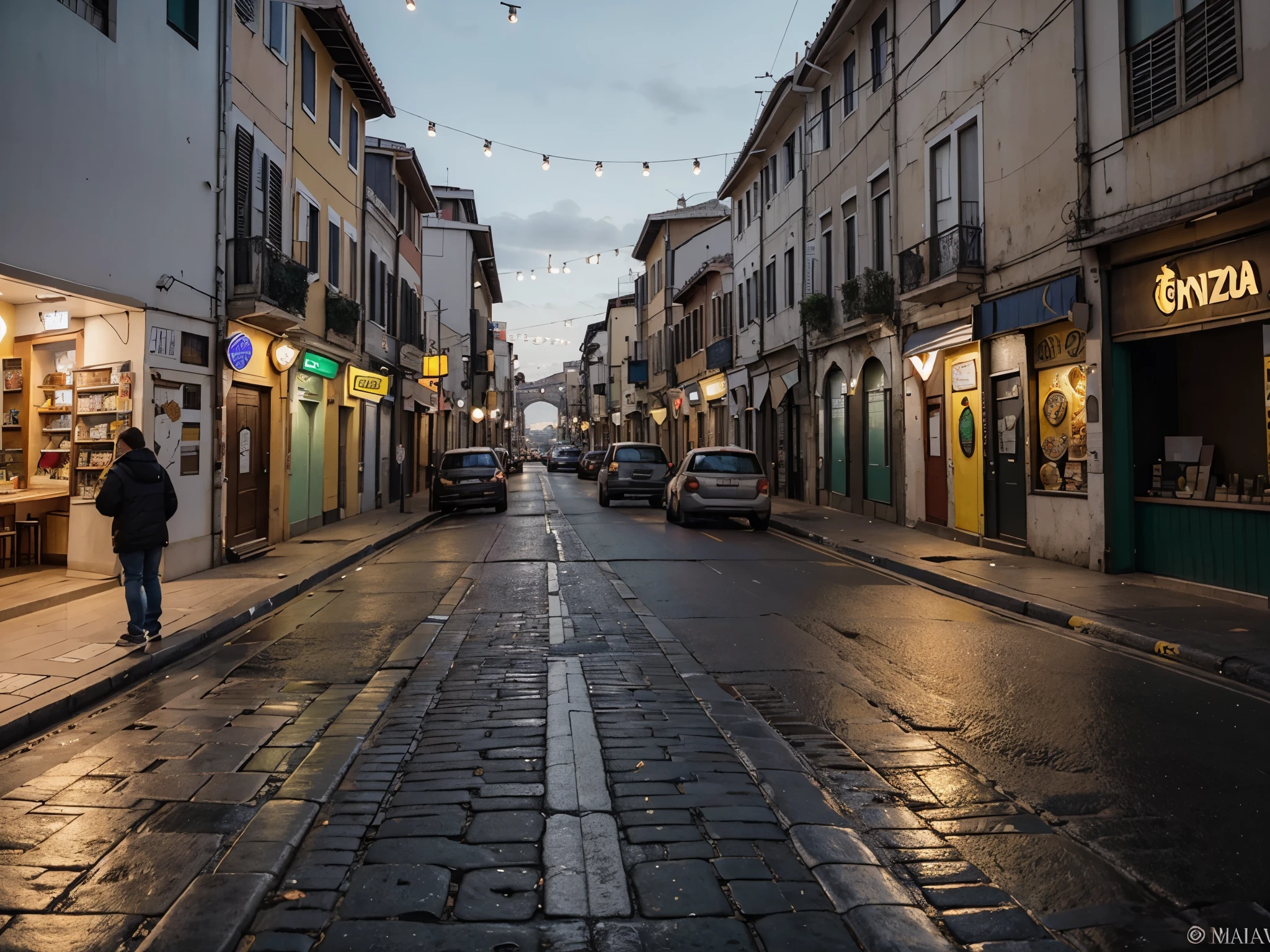 Imagem de Instagram, rua de napoli, repleto de bares e pizzarias, pessoas interagindo, confraternizando, sentadas nas mesas, luzes amarelas atravessando a rua, noite estrelada, lua quarto crescente, pleasant environment, ultrarealista, 8k, Ultra Definition.