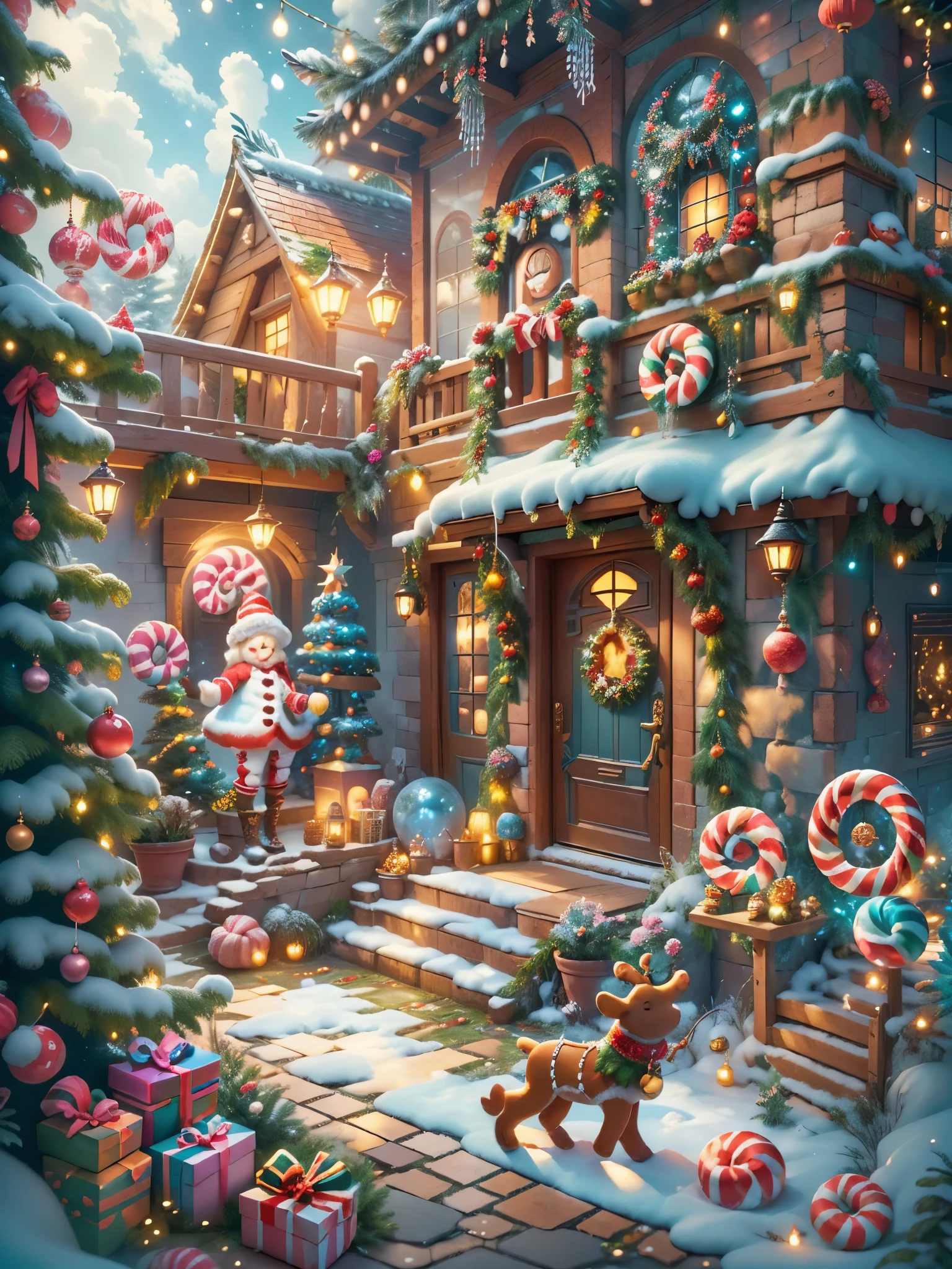 (tmasterpiece),（ultra - detailed:1.3），(Close-up: 1.8), Best quality，（棉花糖一样的白yuki:1.2），（Christmas courtyard in blue fairy tale:1.6），(蓝色门上圣诞decorationlower ring: 1.8),（suns），(((Delicious candies in front of the door，Christmas tree, gifts, Christmas stockings, cute gingerbread man，chocolate house splash))), Illustration style, decorations, Fantasy Christmas small courtyard, Lovely design style, yuki，rays of sunshine，vivd colour、 ((Whimsical and charming fantasy)), Surreal portrait, (Fantasy themed Christmas cabin), (Whimsical Christmas Accessories), (Colorful, Landscape full of candy), (enchanting, 神奇的Christmas tree), (A vibrant one, Candy-colored courtyard), (Candy Road), (blue candy door) in distance, (Like a mirror, 不对称tmasterpiece钟表配件), (Rich, fantasticcolors), (温暖的rays of sunshine), (four dimensional dream), (enchanting atmosphere), (Playful composition), (生动的rays of sunshine效果), 1.4x realism，hyper HD，Shown in this beautiful scene，(Very meticulous，Reasonable design，Clear lines，High- sharpness，tmasterpiece，offcial art，movie light effect，8K)