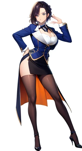 (((Best Quality))) , ((full body)), female, white background, variety of hairstyles, seductive pose, cropped tailcoat, short skirt, blue, orange, green, violet, brown, white, cleavage cutout,