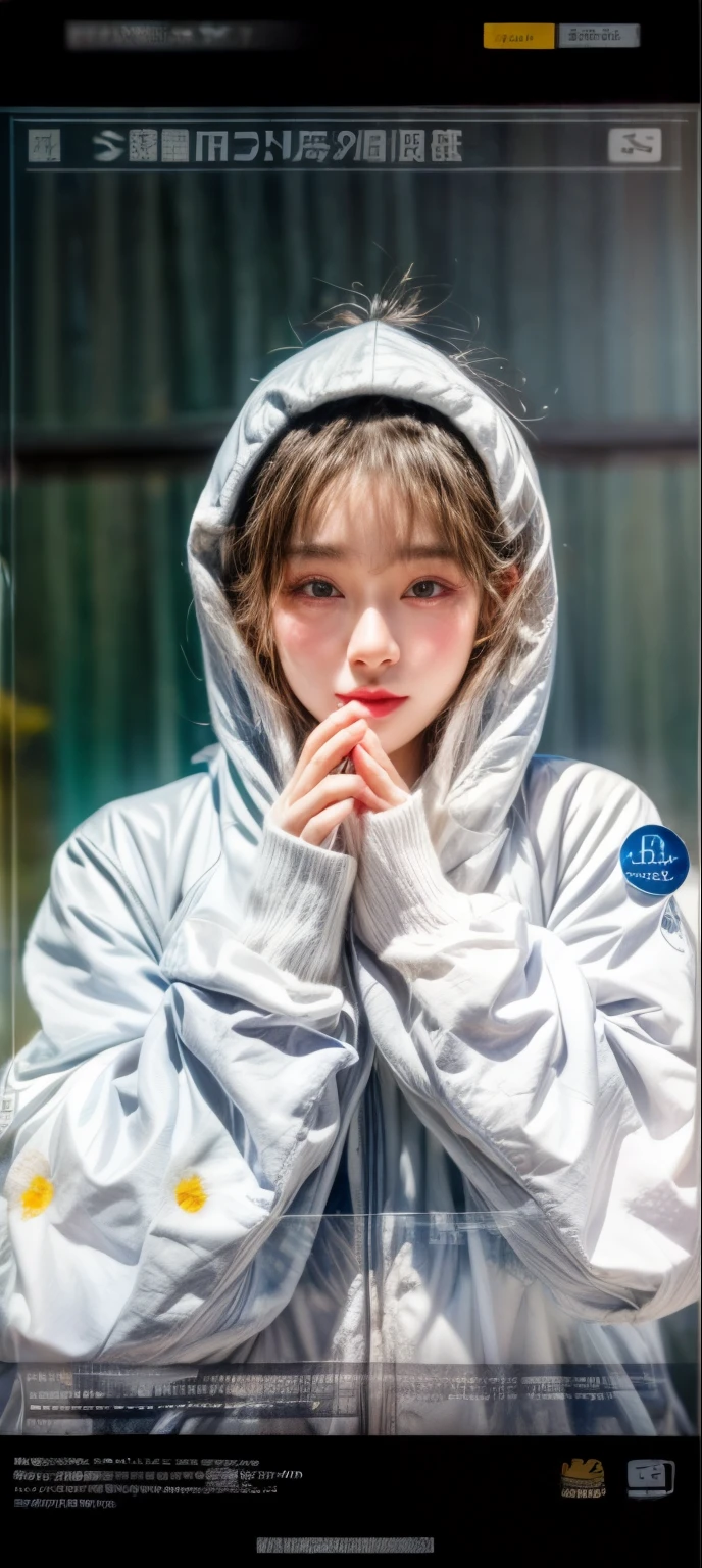 masterpiece、8K、32K、top-quality、(A detailed eye)、(A cute Japanese woman、bangss)、23years old、1 girl in、elegent、(Detailed background depiction、portlate:1.2)、Wearing a hood、牙