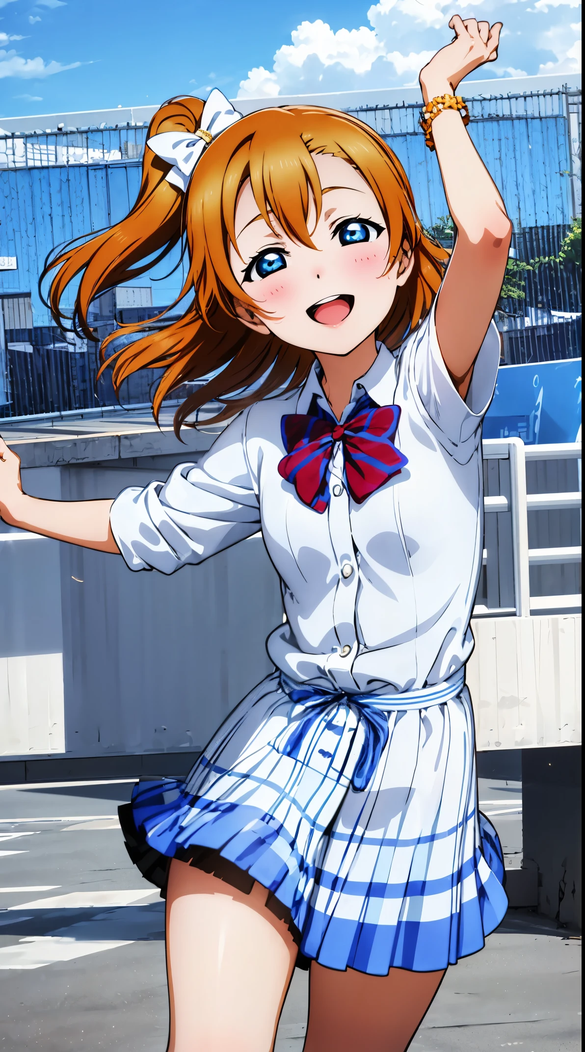 kousaka_honoka_lovelive, blue_eyes, orange_hair, one_side_up, smile, blush, short_hair, open_mouth, bow, hair_bow, hair_ornament, Fly in the sky