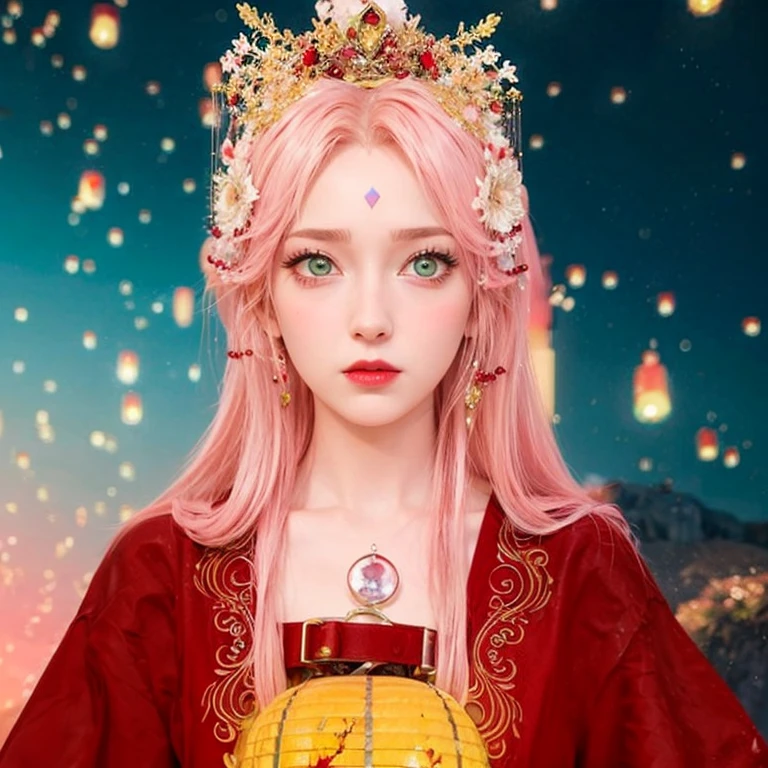 young woman, porcelain skin, short pink hair, wide forehead, thin pink eyebrows, emerald green eyes, upturned nose, thick red lips, heart-shaped face, blood red vest, black leather gloves, Sakura Haruno, 3d, realism