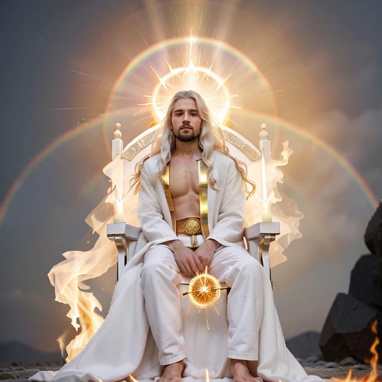 Photorealistic, Jesus sitting on the white throne something glowing like electrum that was like a fire radiating from what appeared to be his waist and upward; and from his waist down, I saw something that resembled fire., (((There was a round brilliance flare all around him 28 like that of a round rainbow in a cloud on a rainy day))), His head and his hairs were white like wool, as white as snow; and his eyes were as a flame of fire;garment was white as snow, and the hair of his head like the pure wool: his throne was like the fiery flame, and his wheels as burning fire.And his feet like unto fine brass, as if they burned in a furnace; and his voice as the sound of many waters. ,((white hairs)), white throne.,