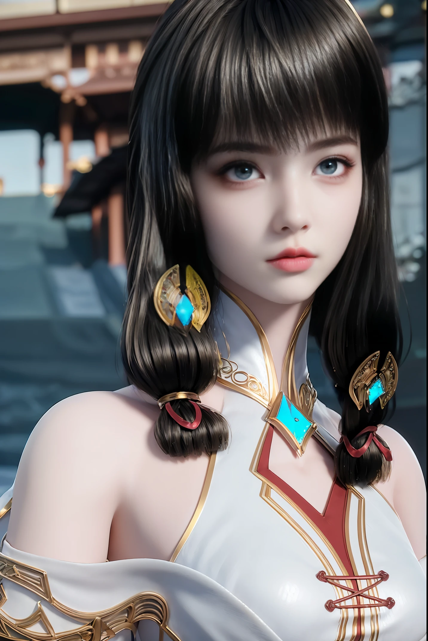 (8k, RAW photo, best quality, masterpiece:1.2),(realistic, photo-realistic:1.4), ultra-detailed, extremely detailed cg 8k wallpaper,(crystalstexture skin:1.2), (extremely delicate and beautiful),
1girl,solo,black hair,  long hair, blue eyes, closed mouth, hair ornament, bare shoulders, detached sleeves, breasts, white dress,