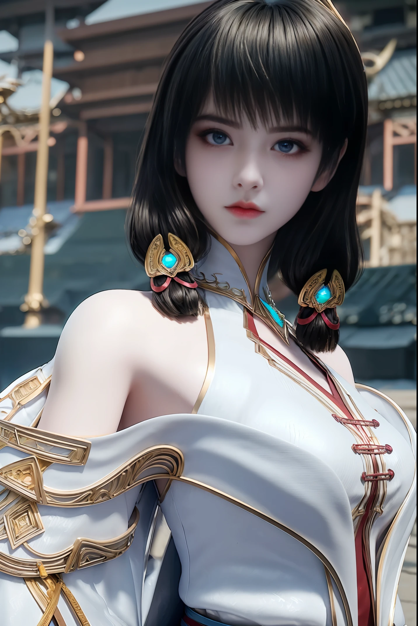 (8k, RAW photo, best quality, masterpiece:1.2),(realistic, photo-realistic:1.4), ultra-detailed, extremely detailed cg 8k wallpaper,(crystalstexture skin:1.2), (extremely delicate and beautiful),
1girl,solo,black hair,  long hair, blue eyes, closed mouth, hair ornament, bare shoulders, detached sleeves, breasts, white dress,