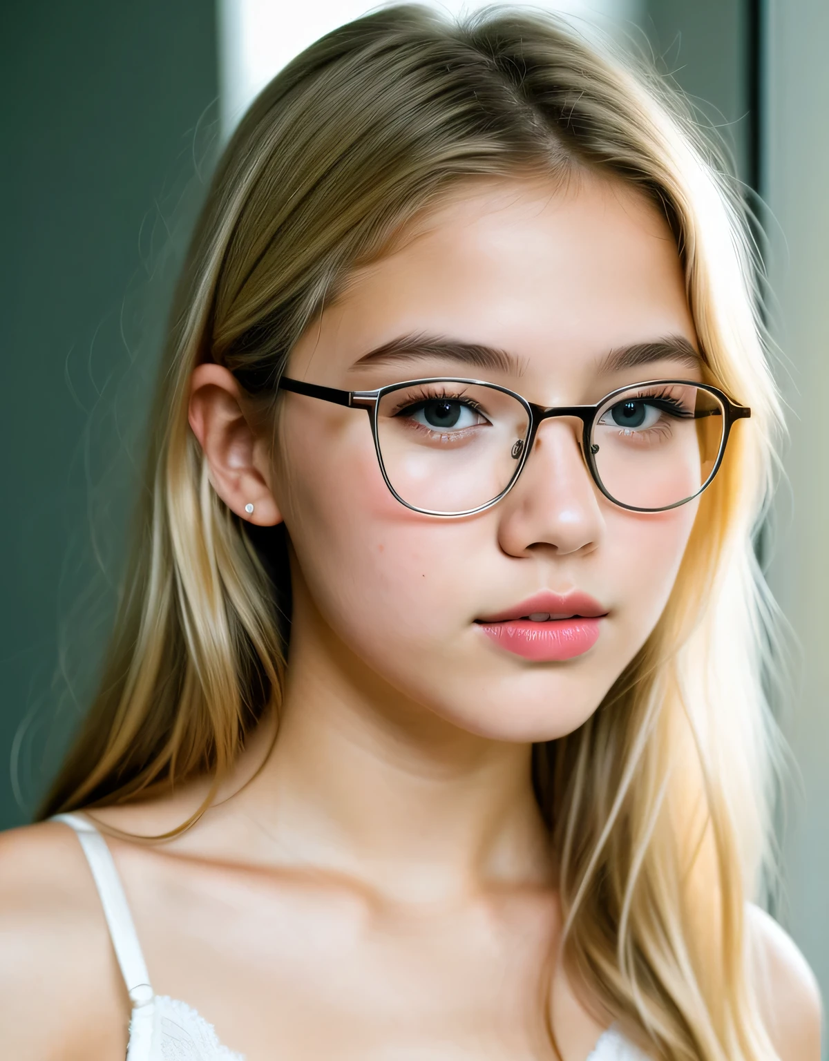 photorealism young model,  girl, medium blonde hair, fair complexion, oily skin, acne, small breast, beautiful face and eyes, full lips, pink lipsticks, petite body, glasses, white lace lingerie slip, film grain, fujicolor, cinematic lighting, 35mm, f/2.8, fujifilm, high realism, detailed features, cinematic style, natural tones, soft lighting