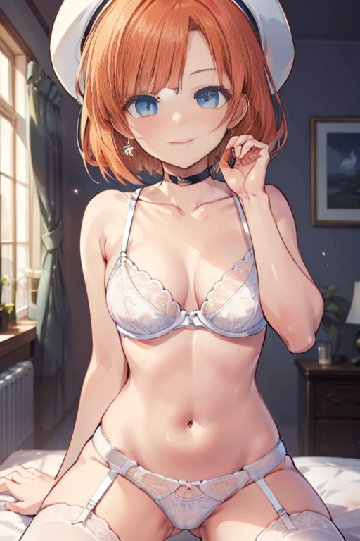 Lena Ryūg, Lena Ryugu, hat，Orange hair, Short hair, Blue eyes,Darkness Falls，Inappropriate smile，Focus, Beyond the particles of light, Love hotel bedroom, White bra，White underwear，White garter belt，White tights，Medium breasts，straddle，BREAK is holding a knife in both hands and brandishing it. (masutepiece:1.2), Best Quality, High resolution, Unity 8k壁纸, (Illustration:0.8), (Beautiful detailed eyes:1.6), extra detailed face, Perfect Lighting, extremely details CG, (Perfect hands, Perfect Anatomy),